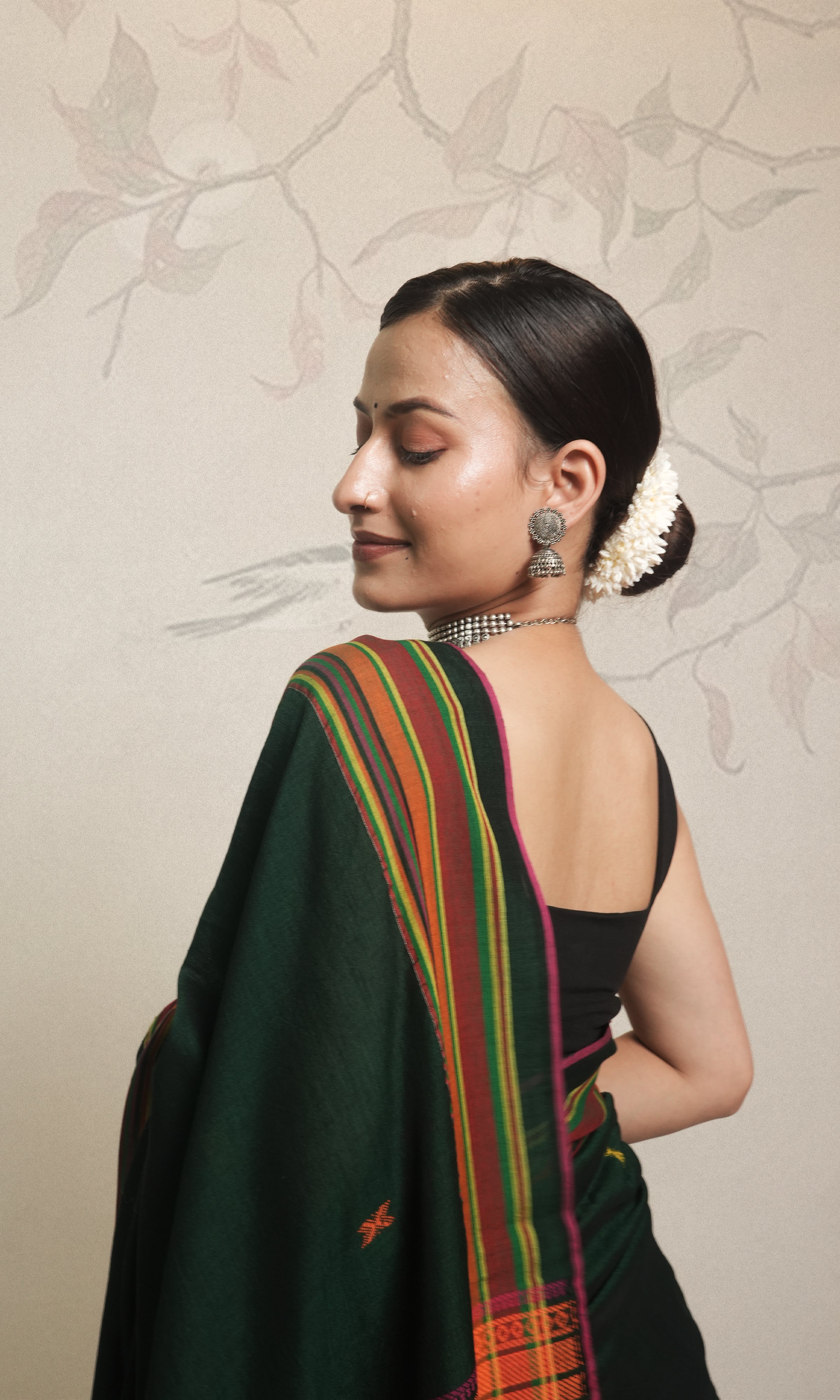Green & Multicolored Stripes Bhujodi Pattern Weave Cotton Saree With Blouse Piece