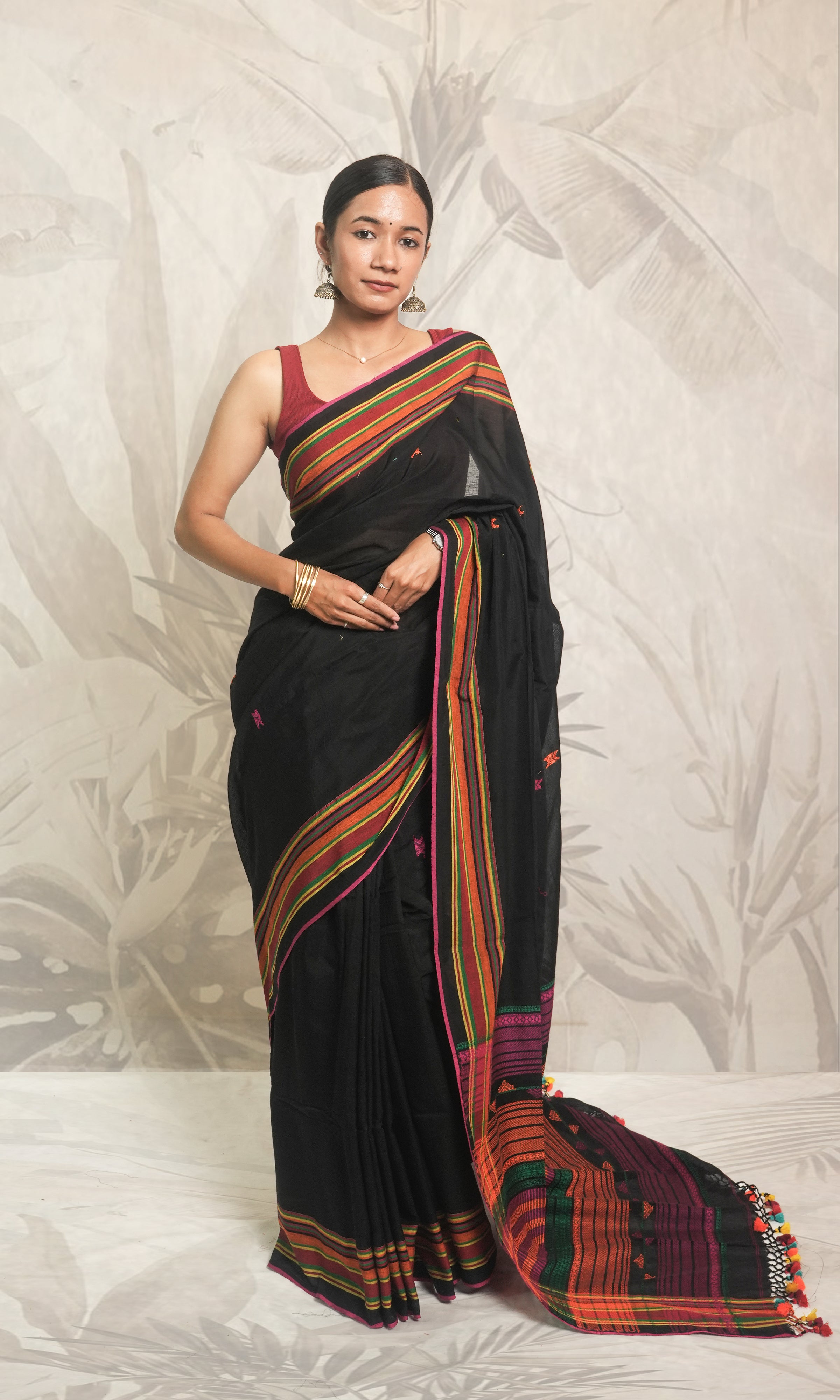 Black With Multi Color Border Bhujodi Cotton Saree With Blouse Piece