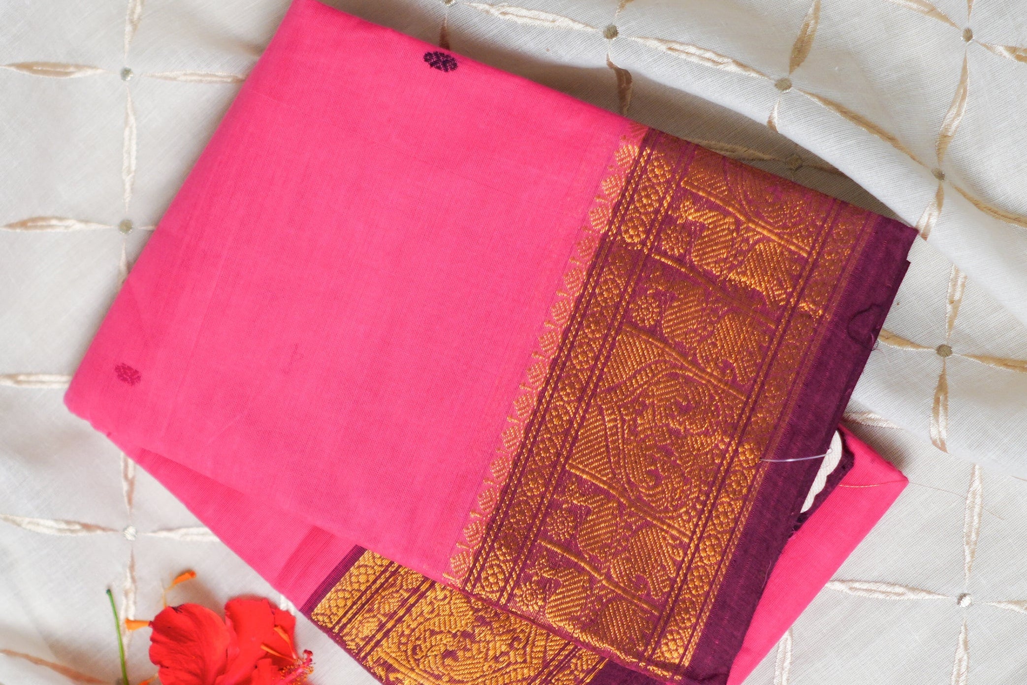 Pink And Gold Border Kanchi Cotton Saree