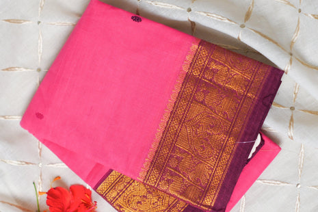 Pink And Gold Border Kanchi Cotton Saree
