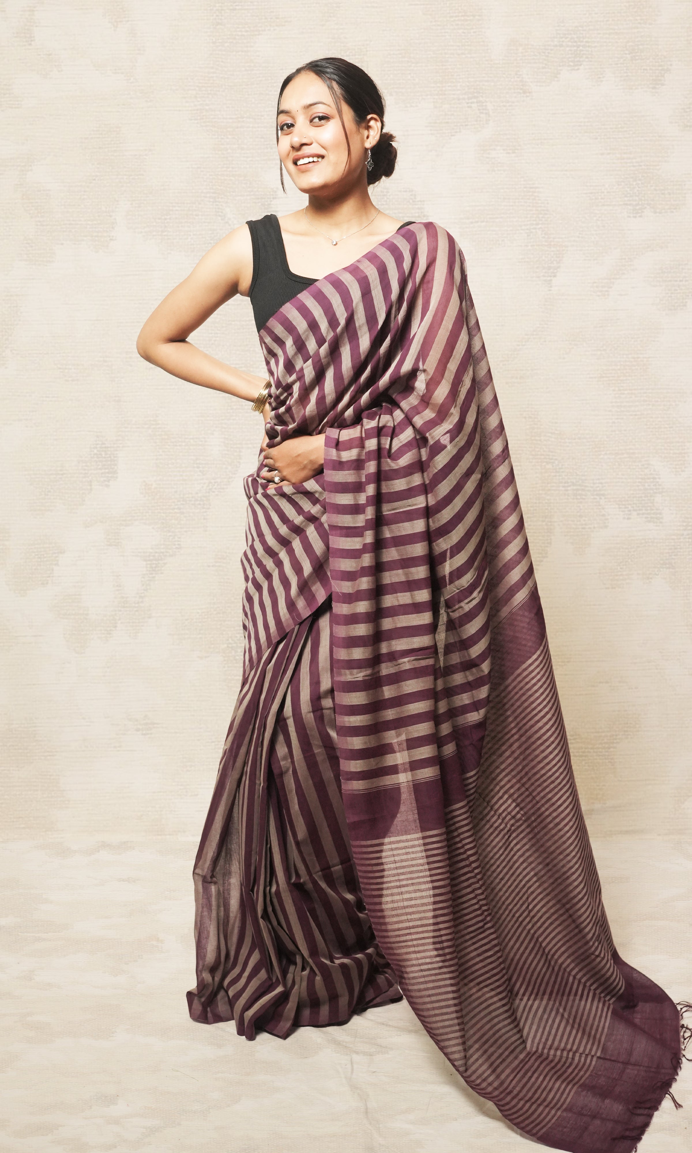 Wine And Gray Stripe Godavari Cotton Saree