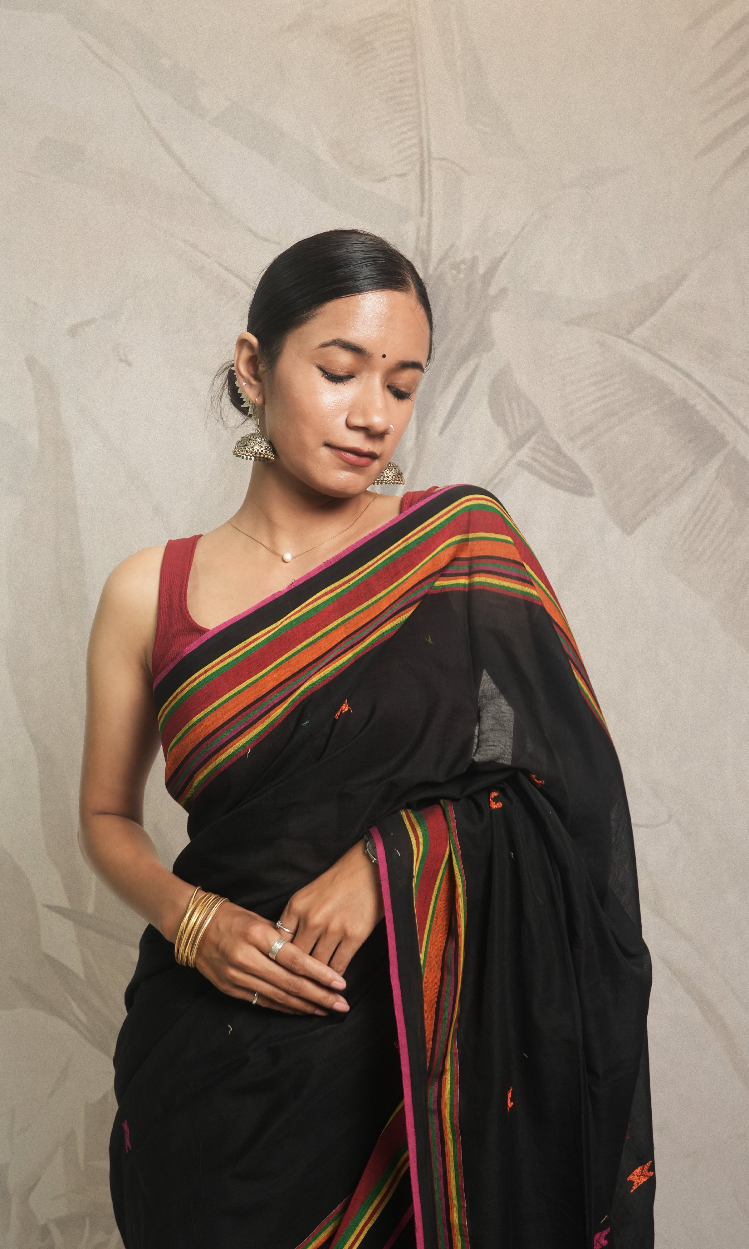 Black With Multi Color Border Bhujodi Cotton Saree With Blouse Piece