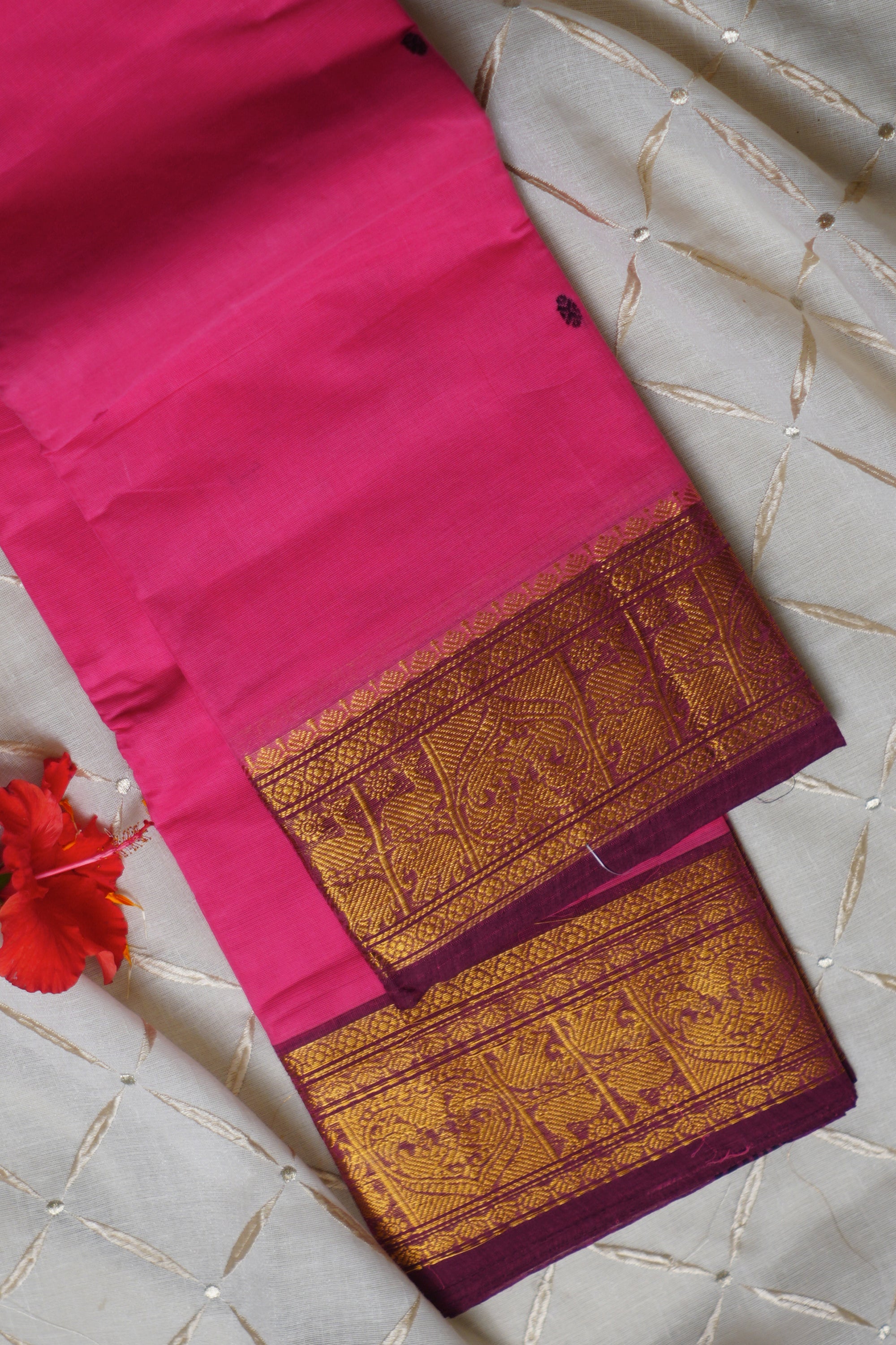 Pink And Gold Border Kanchi Cotton Saree