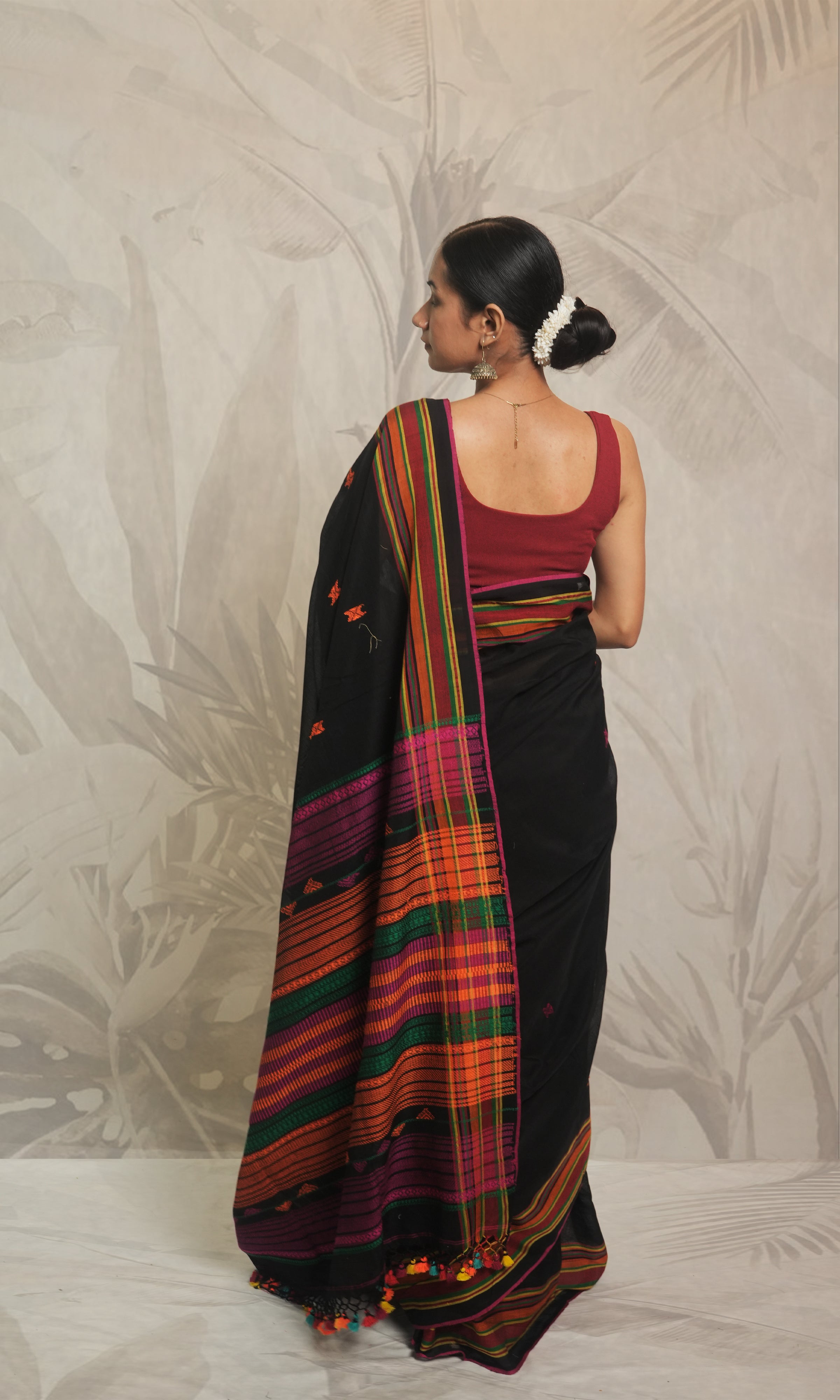 Black With Multi Color Border Bhujodi Cotton Saree With Blouse Piece
