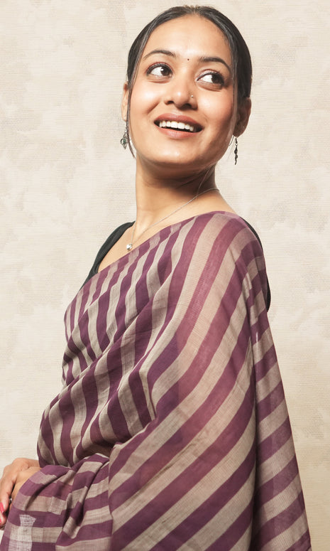 Wine And Gray Stripe Godavari Cotton Saree