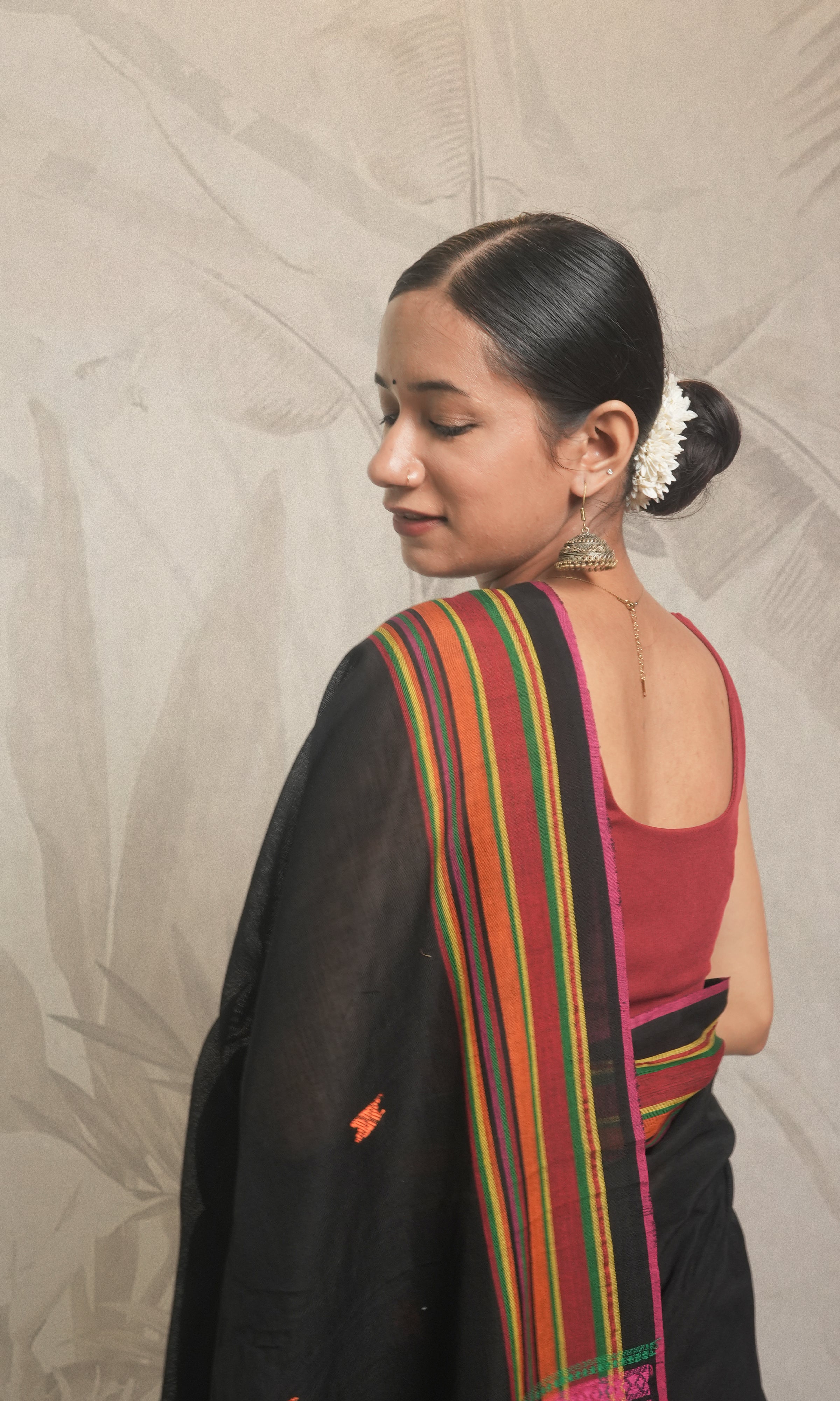 Black With Multi Color Border Bhujodi Cotton Saree With Blouse Piece