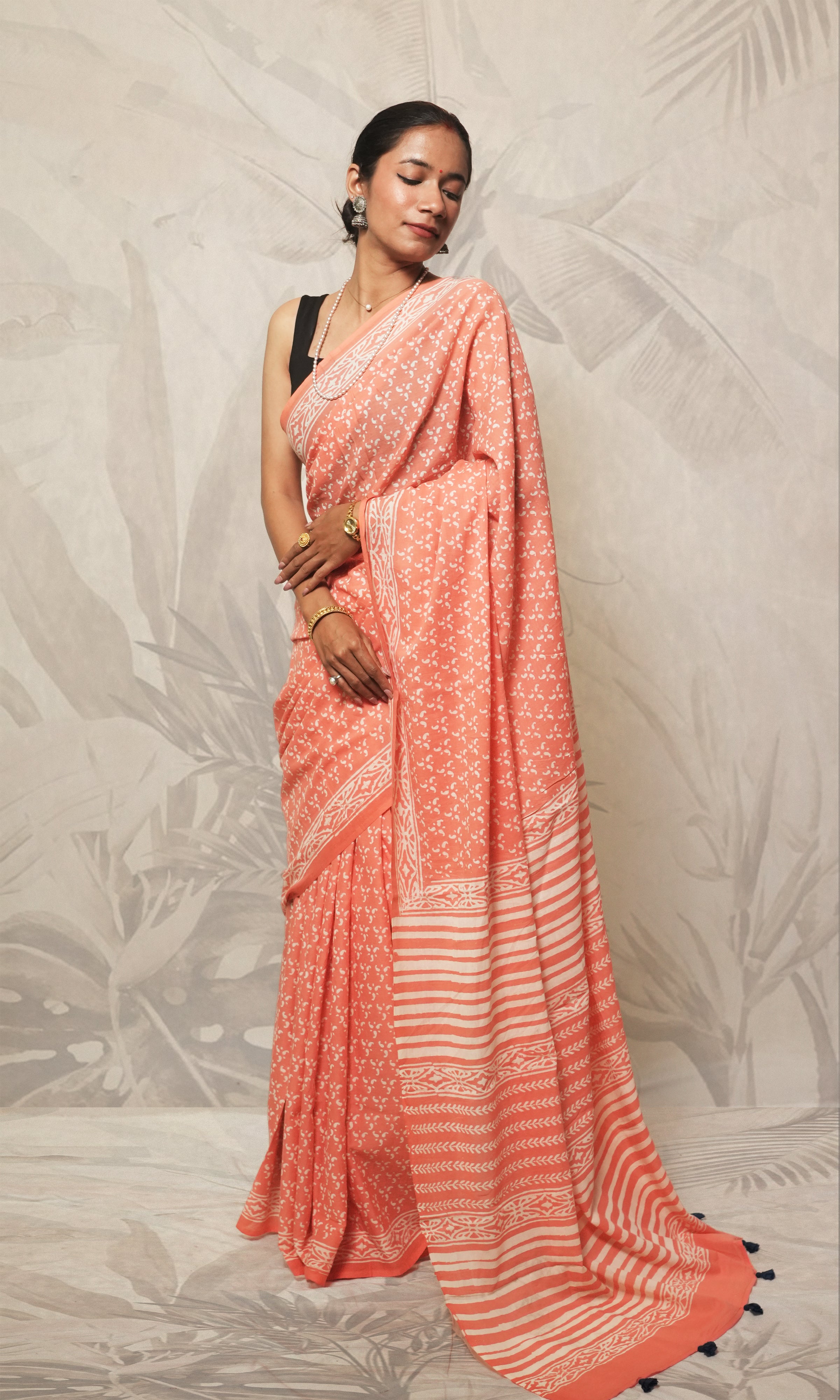 Peach Block Print Cotton Mulmul Saree And Blue Blouse