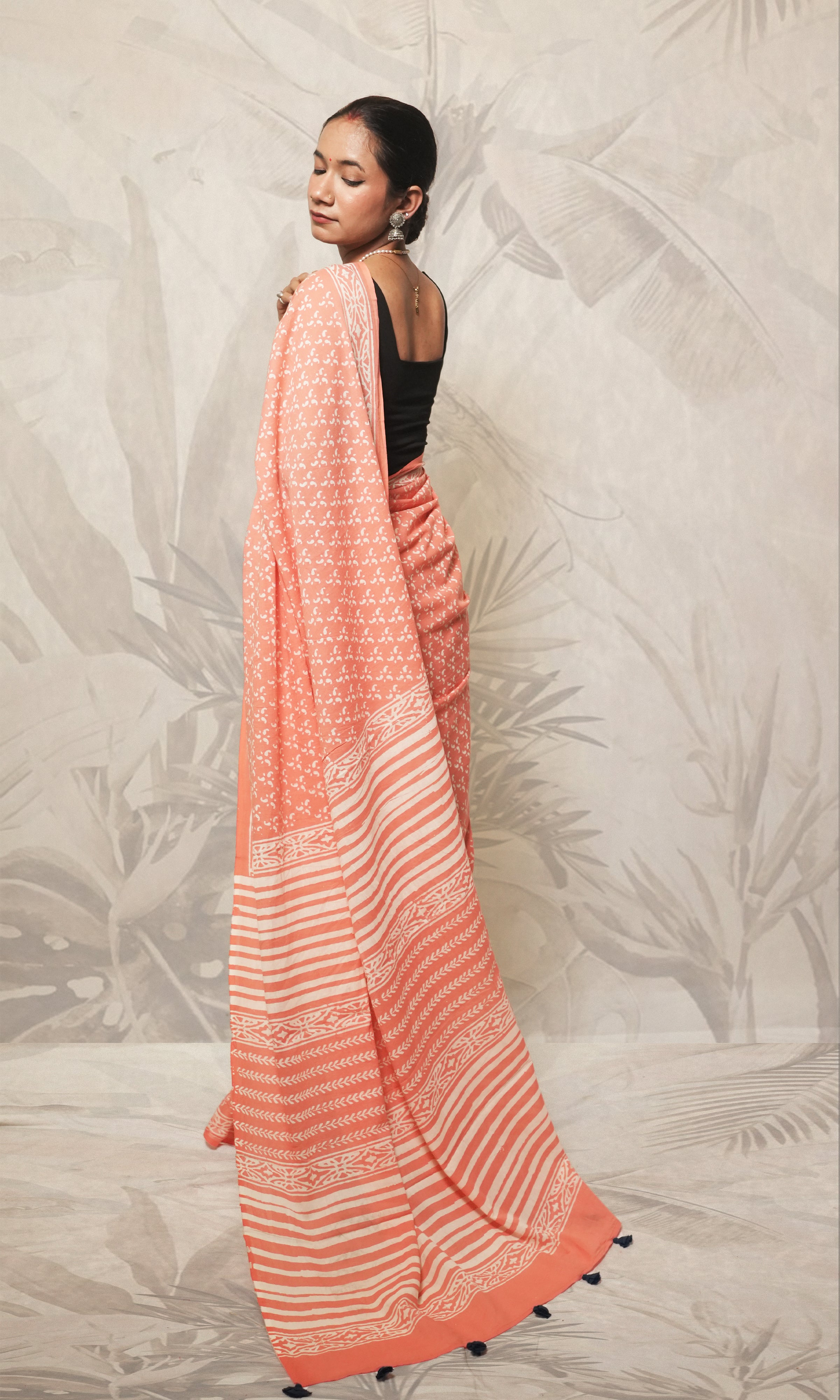 Peach Block Print Cotton Mulmul Saree And Blue Blouse