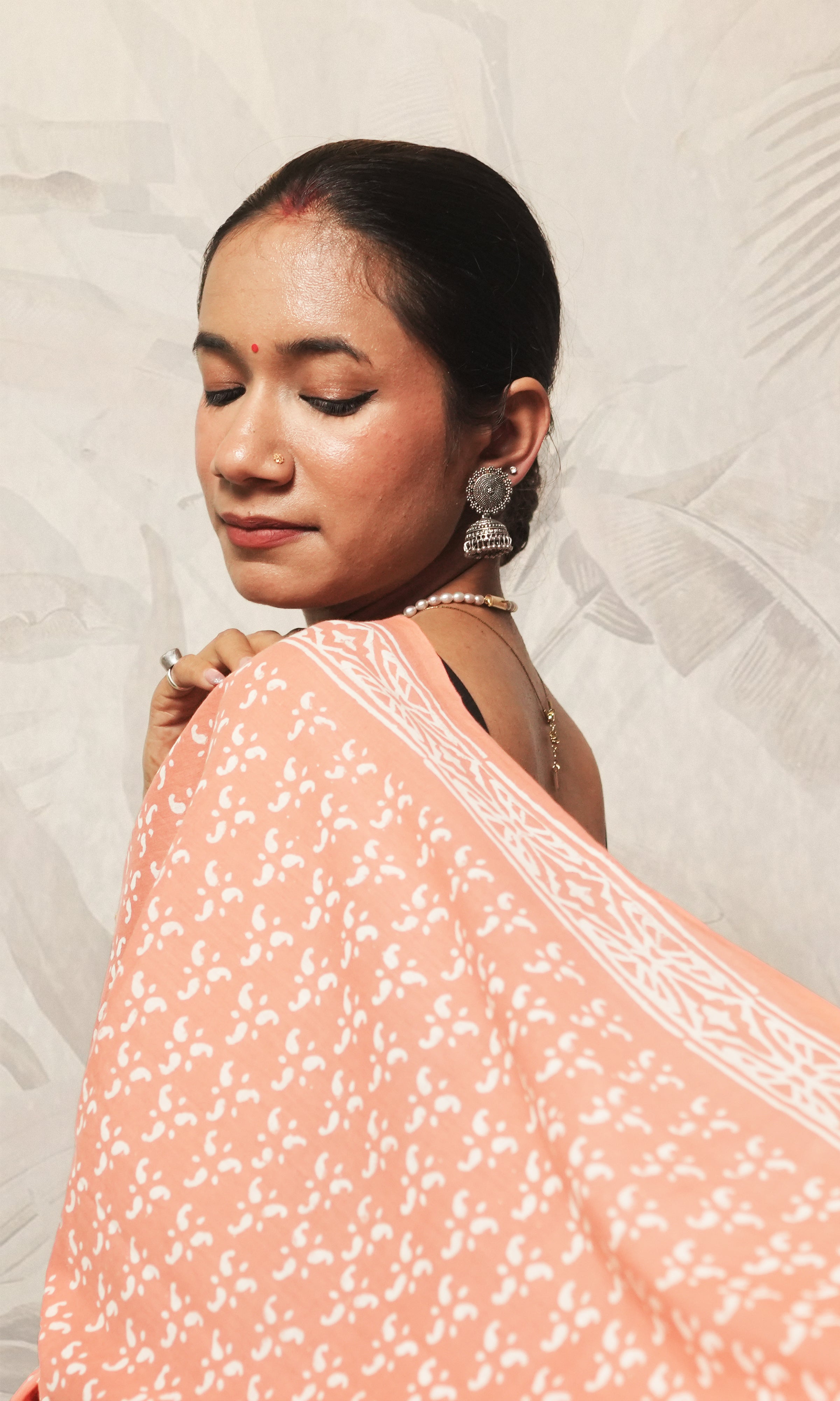 Peach Block Print Cotton Mulmul Saree And Blue Blouse