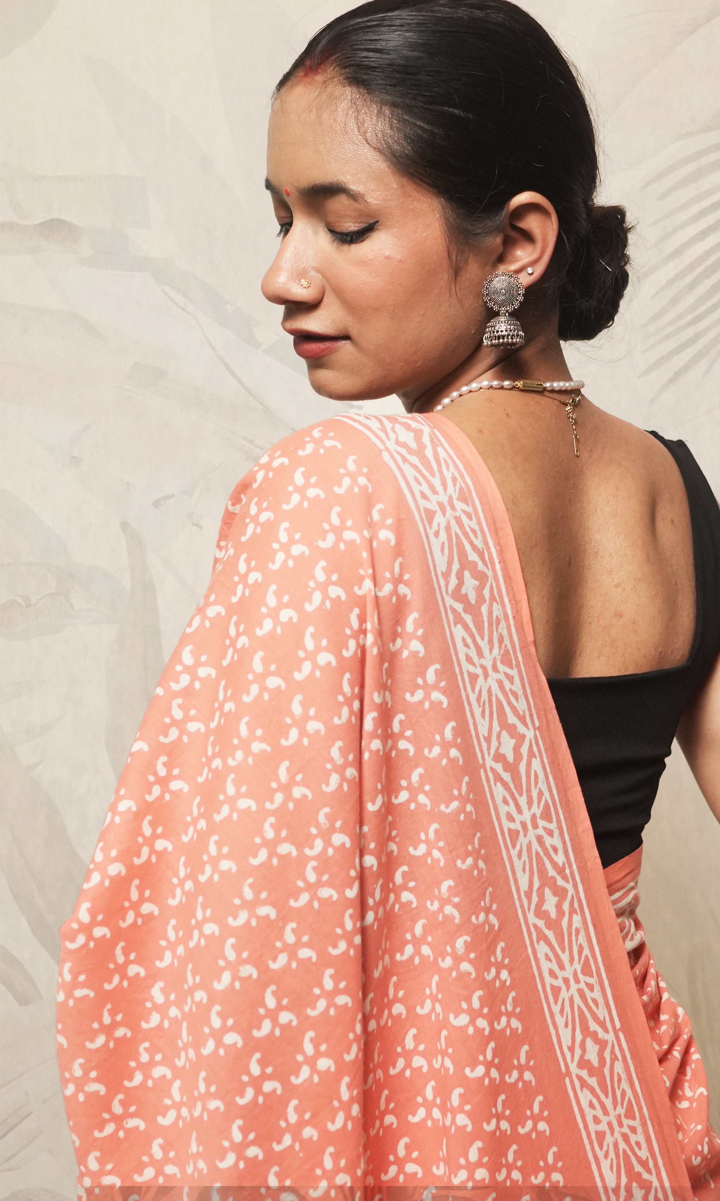 Peach Block Print Cotton Mulmul Saree And Blue Blouse
