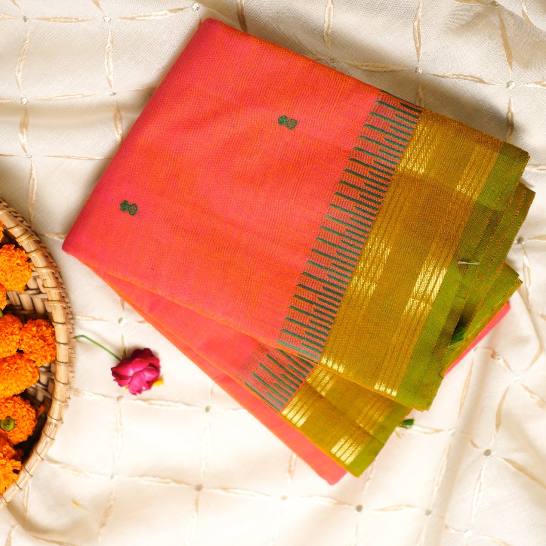 Orange And Green Border Kanchi Cotton Saree