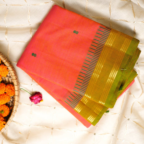 Orange And Green Border Kanchi Cotton Saree