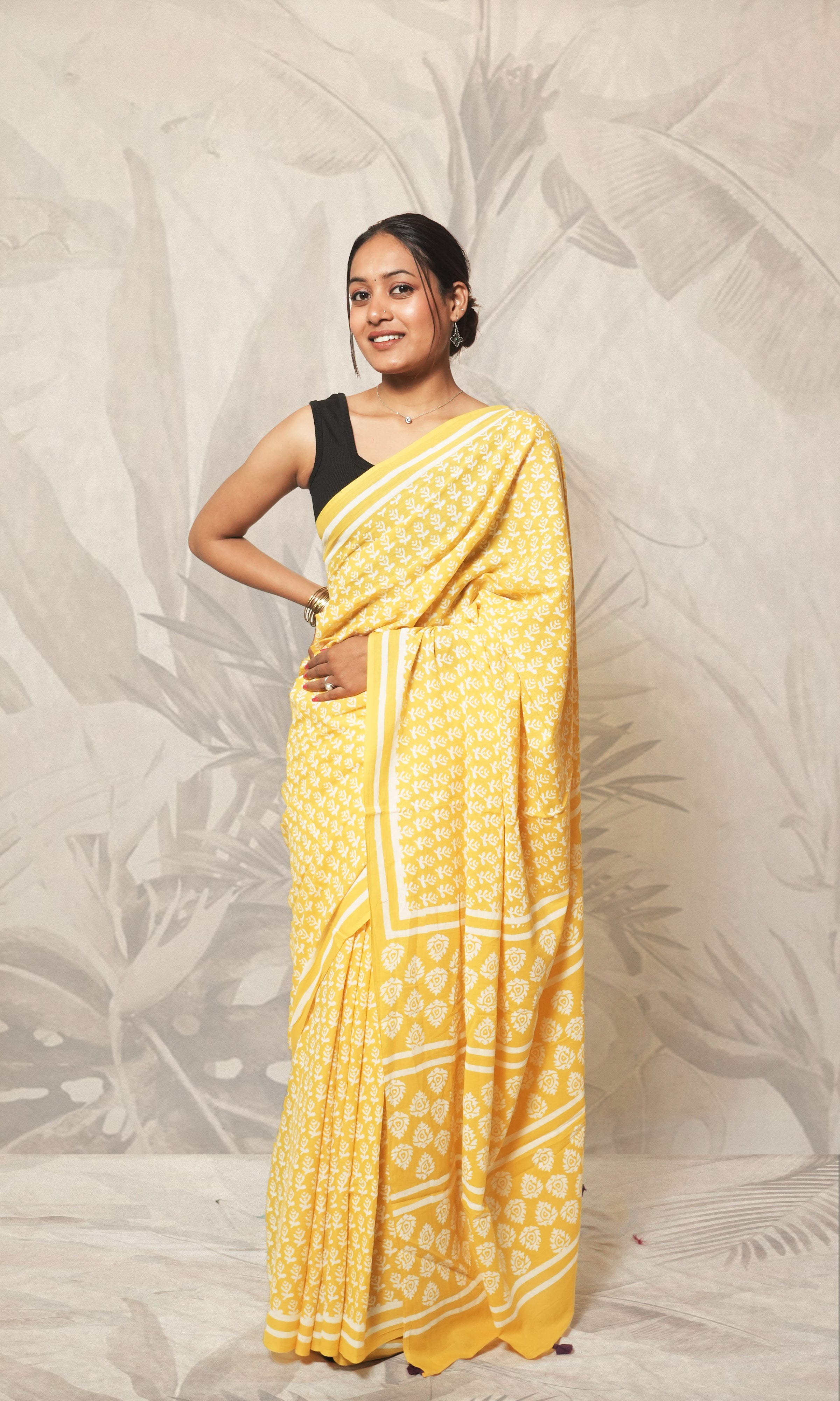 Bright Yellow Block Print Cotton Mulmul Saree And Purple Blouse