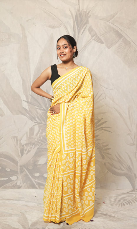 Bright Yellow Block Print Cotton Mulmul Saree And Purple Blouse