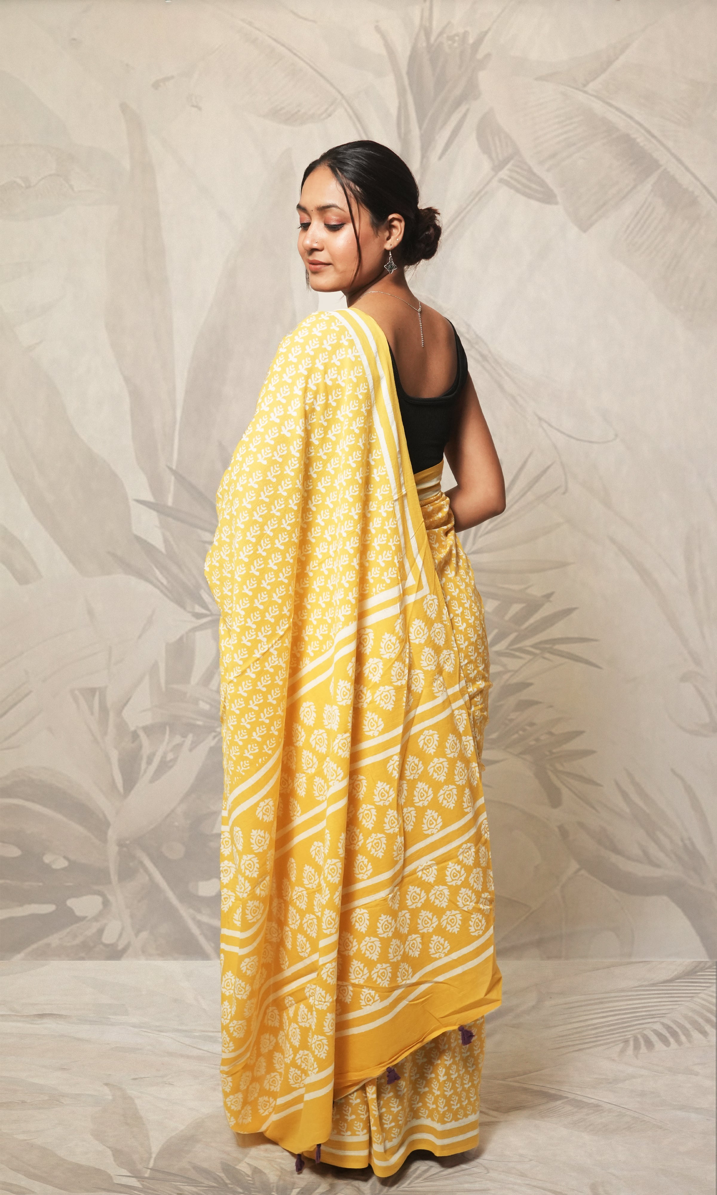 Bright Yellow Block Print Cotton Mulmul Saree And Purple Blouse