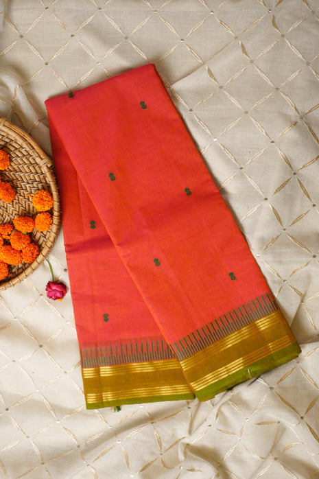Orange And Green Border Kanchi Cotton Saree
