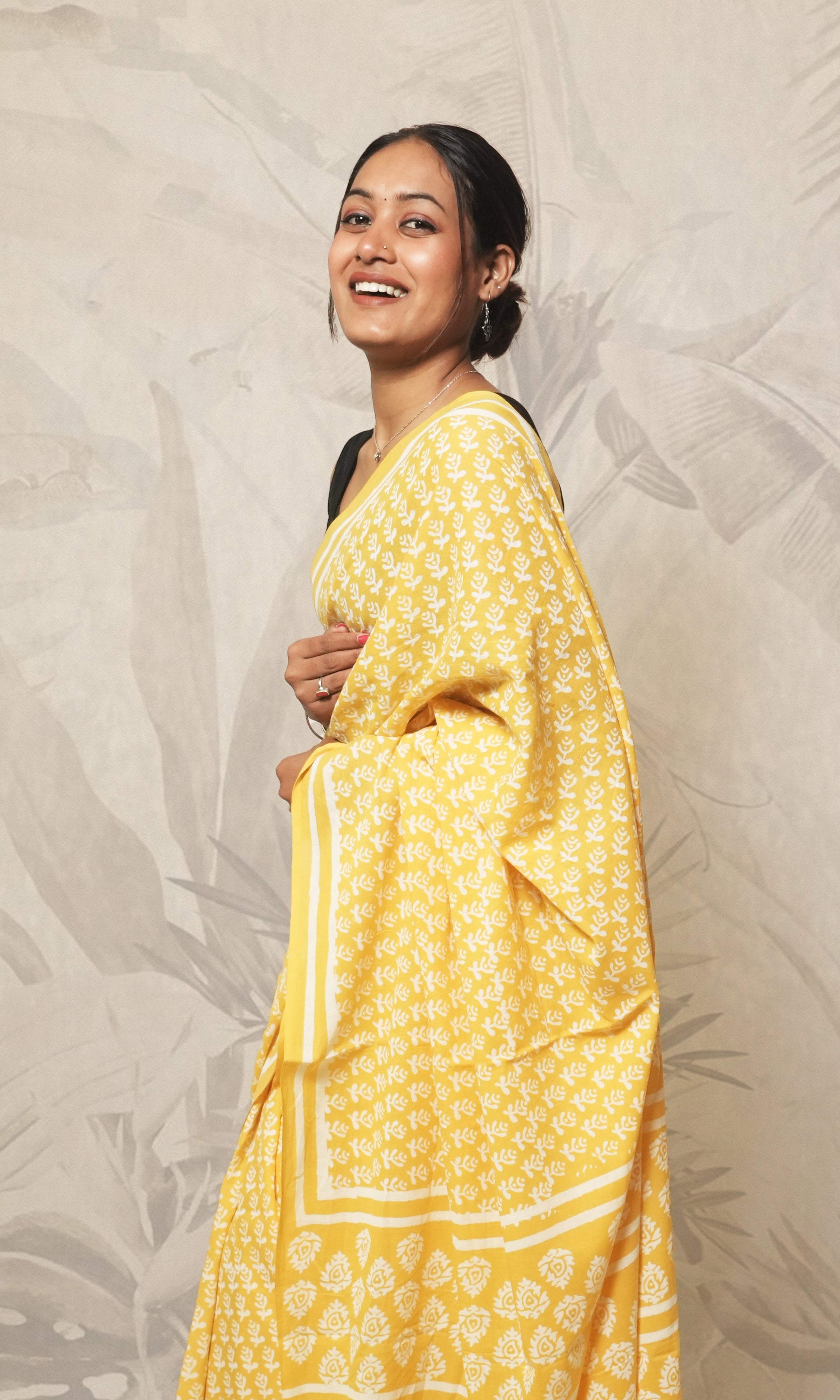 Bright Yellow Block Print Cotton Mulmul Saree And Purple Blouse