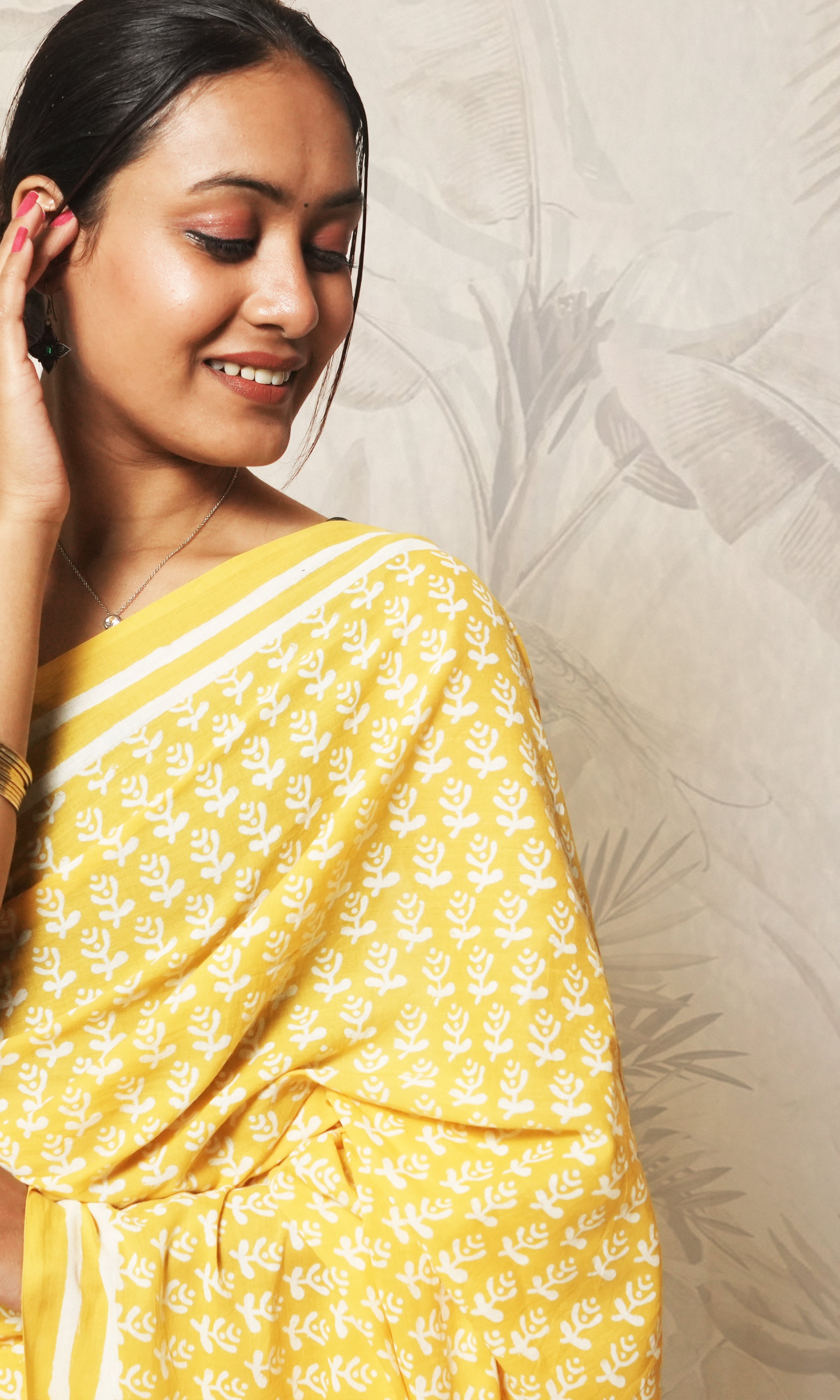 Bright Yellow Block Print Cotton Mulmul Saree And Purple Blouse