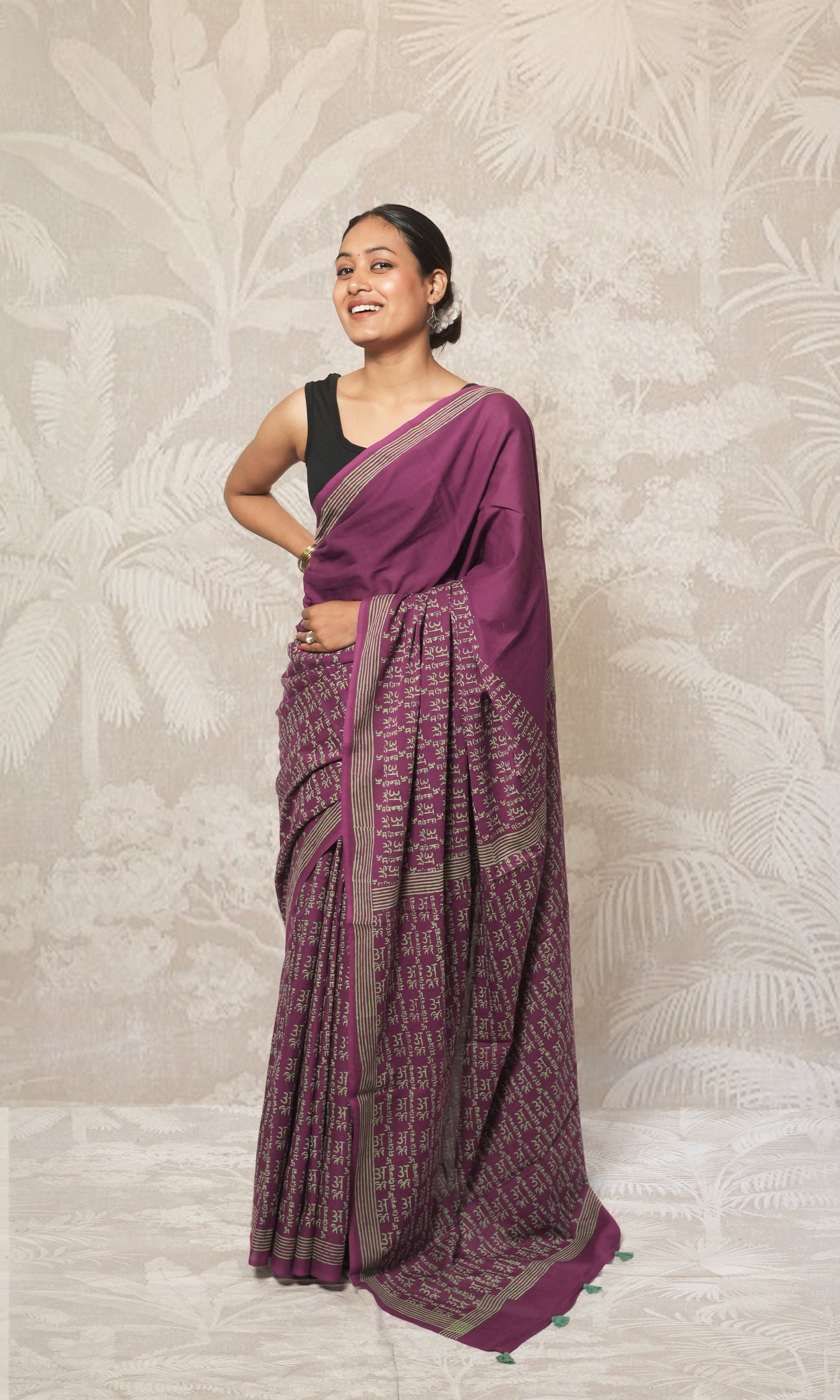 Purple With Mantra Block  Cotton Mulmul Saree Sea Green Blouse