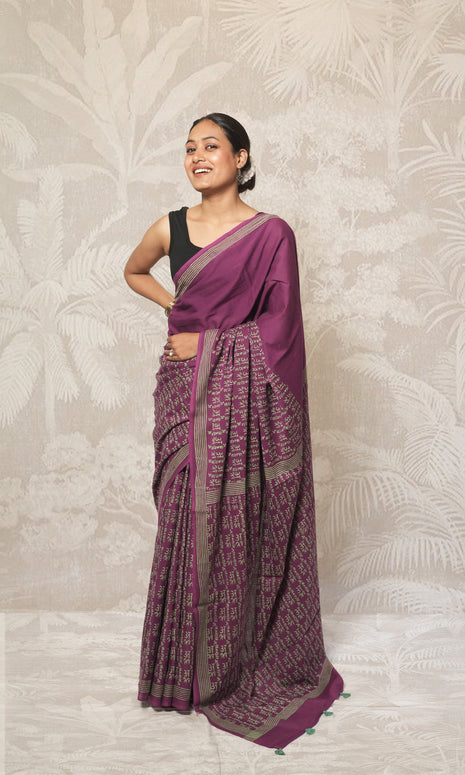 Purple With Mantra Block  Cotton Mulmul Saree Sea Green Blouse