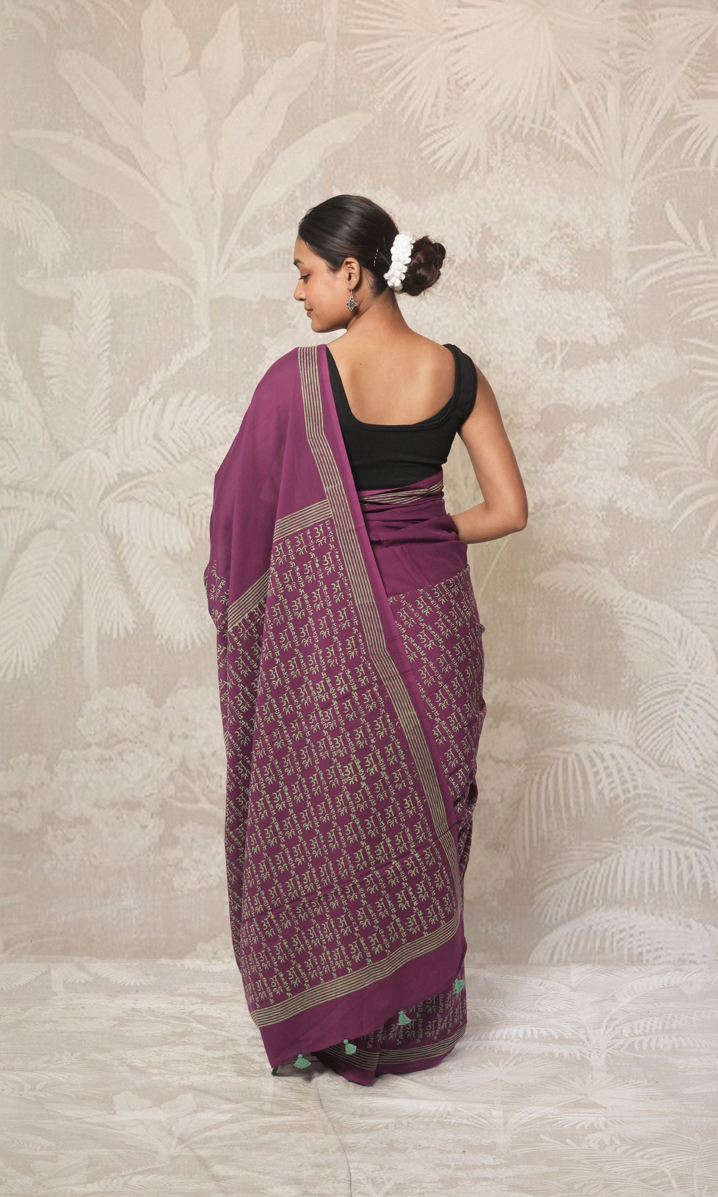 Purple With Mantra Block  Cotton Mulmul Saree Sea Green Blouse