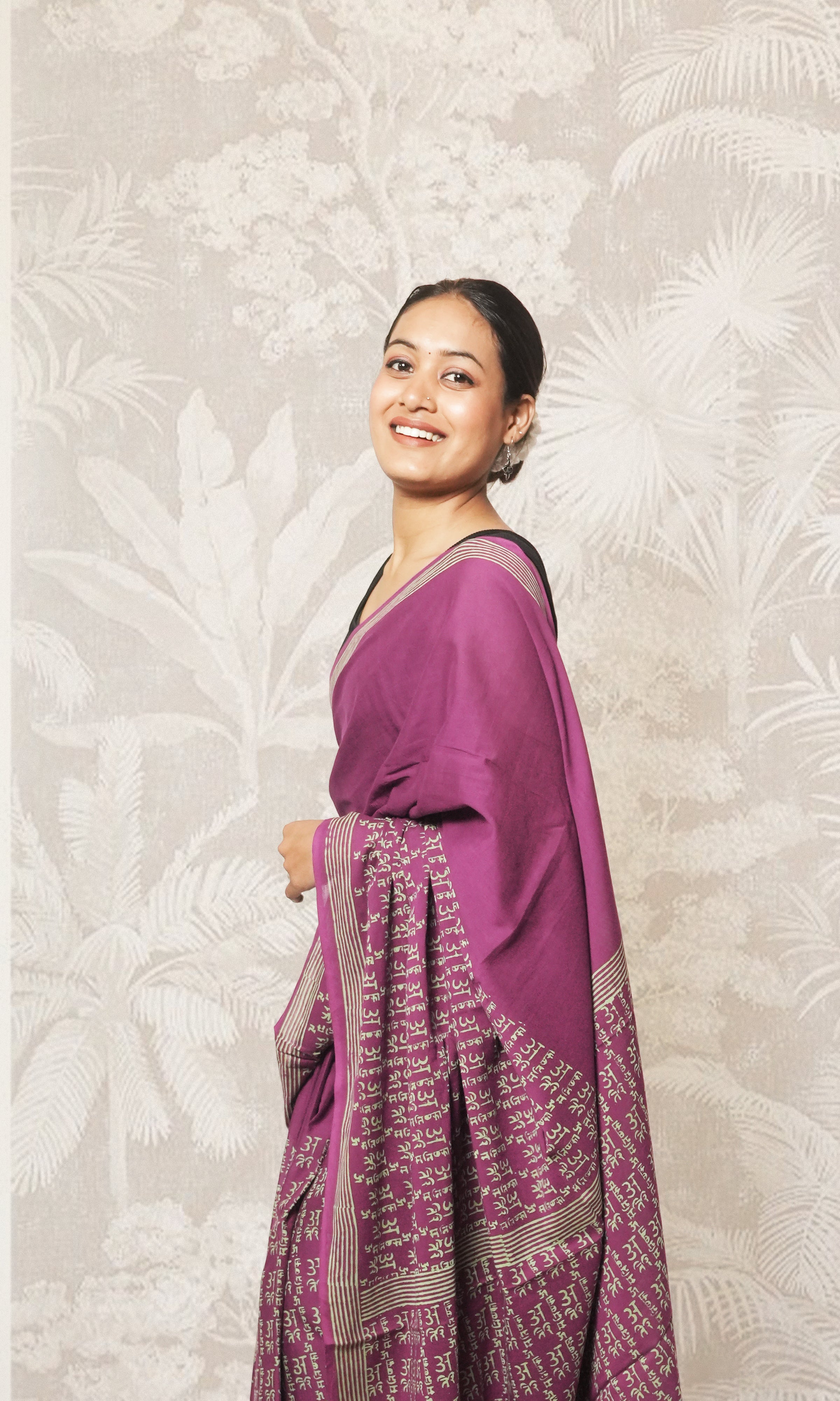 Purple With Mantra Block  Cotton Mulmul Saree Sea Green Blouse