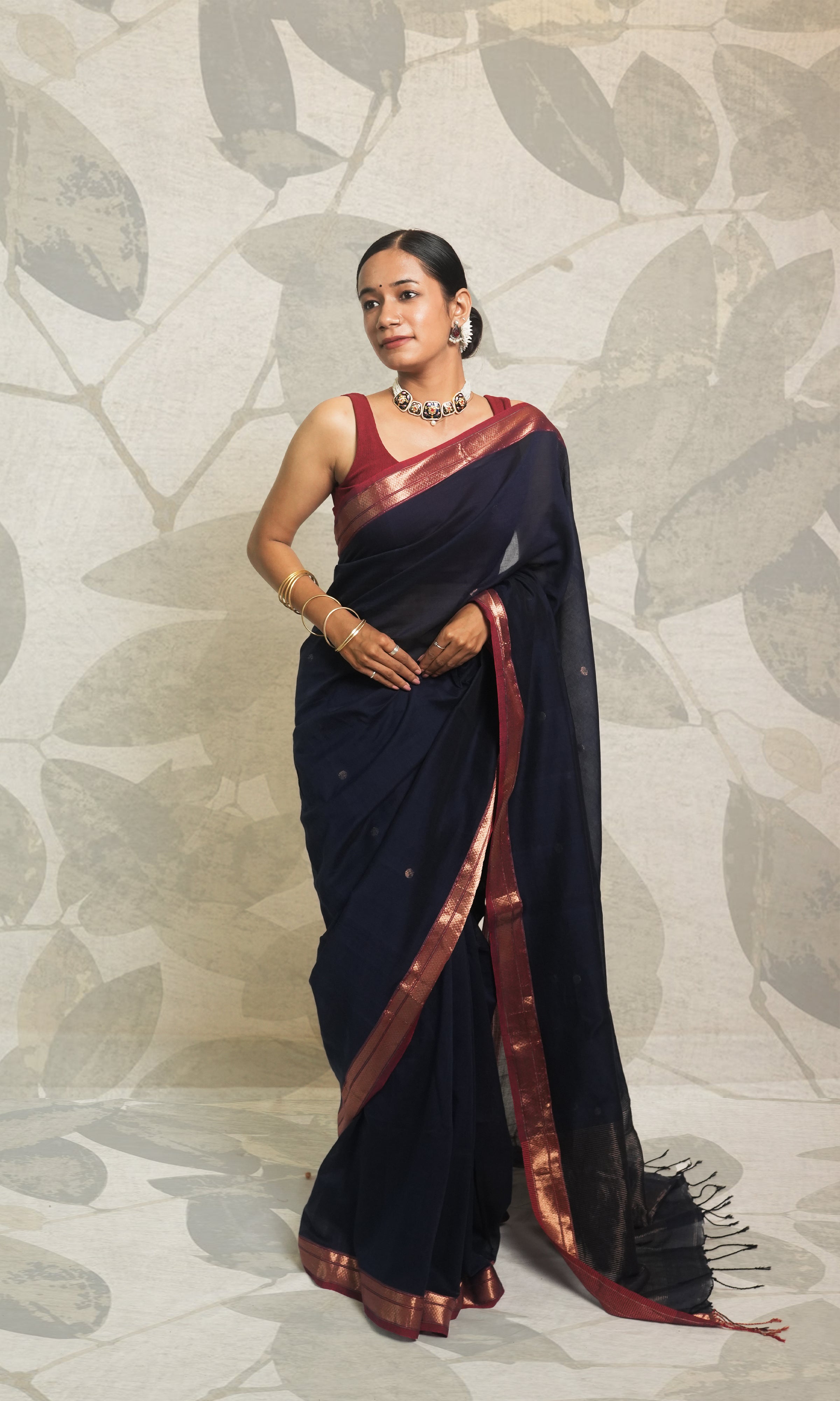 Blue & Red Zari Border Cotton Saree With Blouse Piece