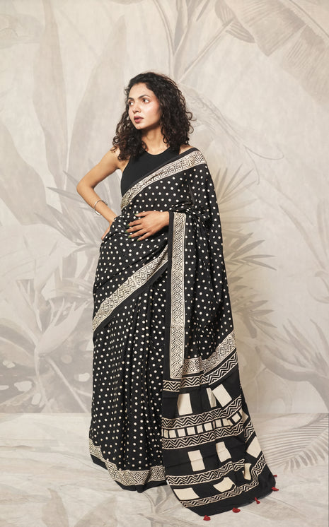 Black Block Print Cotton Mulmul Saree and Red Blouse