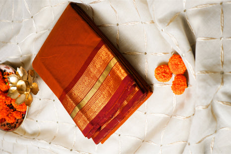 Dark Mustard And Gold Border Kanchi Cotton Saree