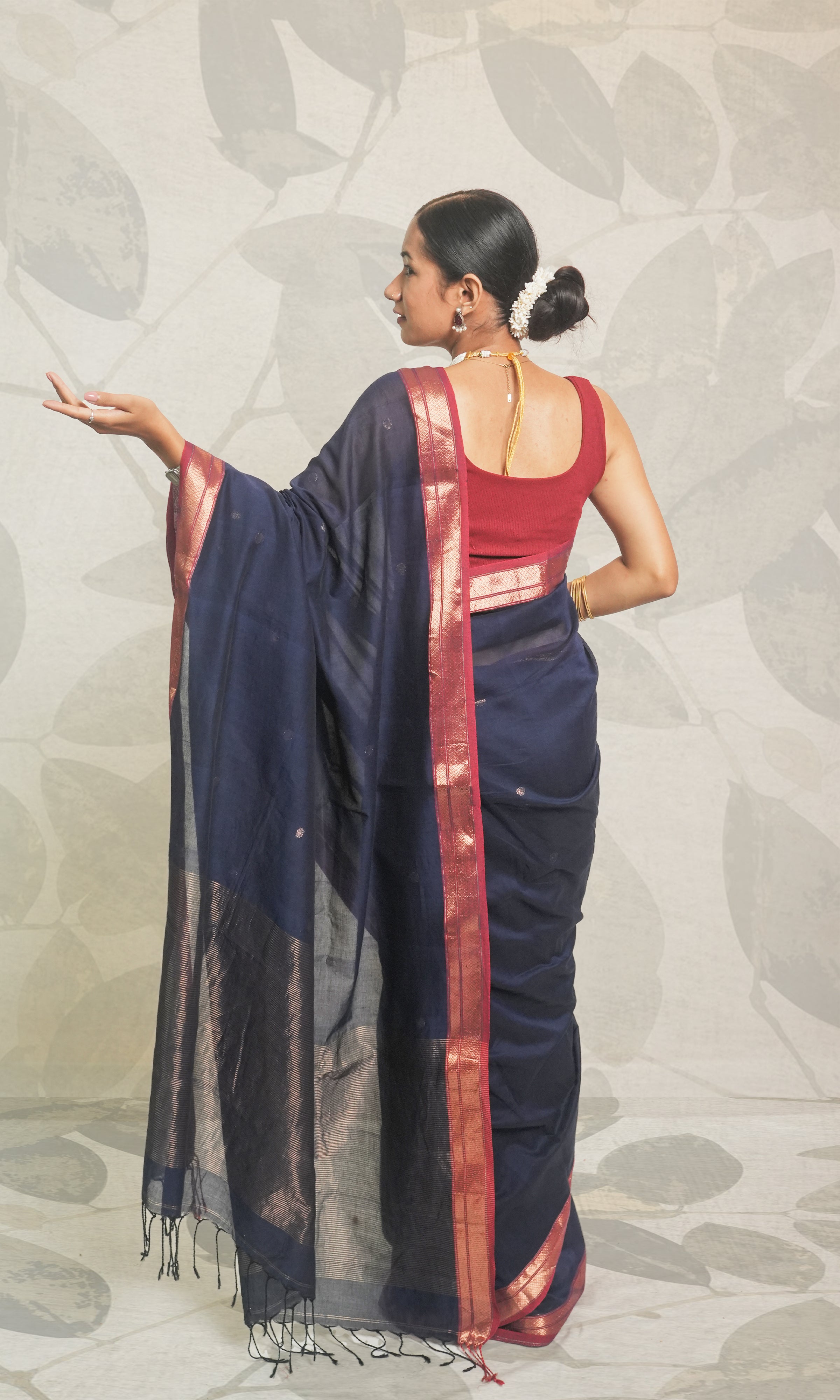 Blue & Red Zari Border Cotton Saree With Blouse Piece