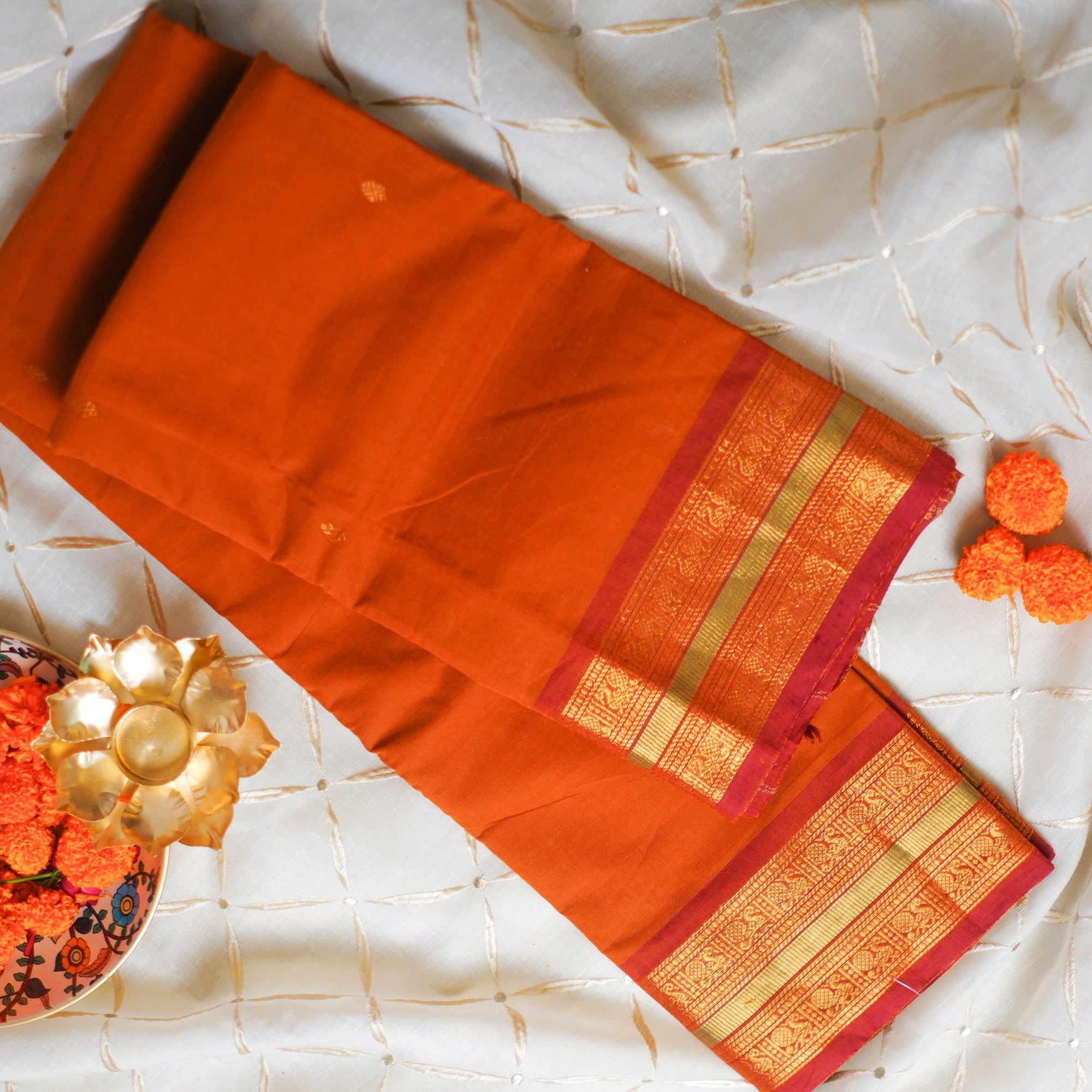 Dark Mustard And Gold Border Kanchi Cotton Saree