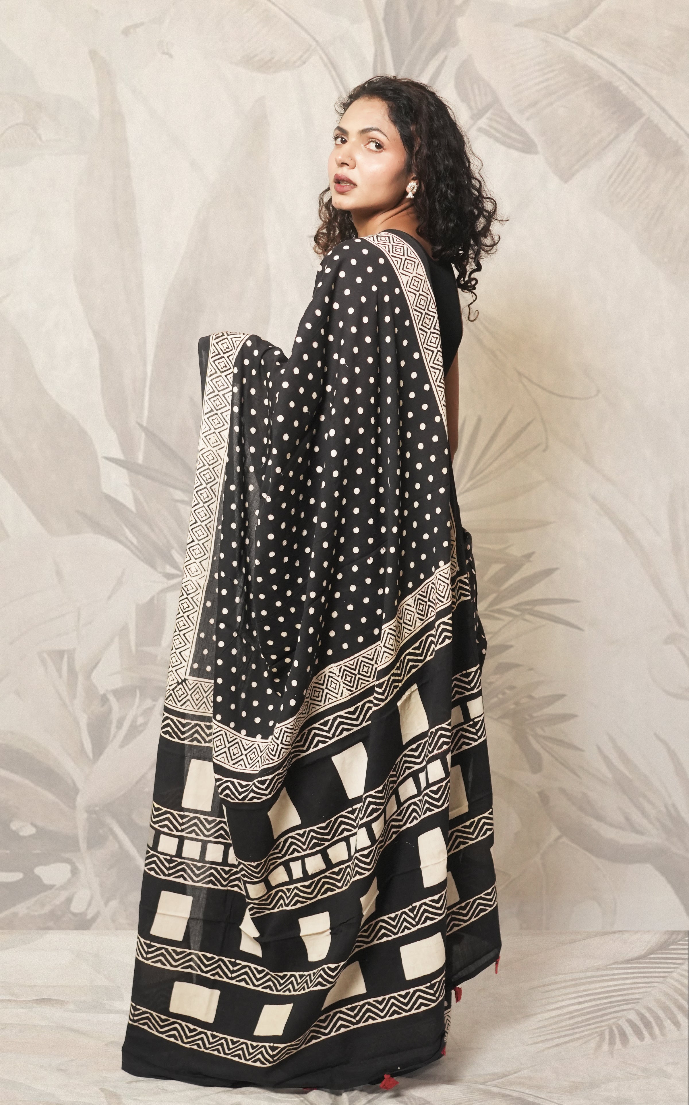 Black Block Print Cotton Mulmul Saree and Red Blouse