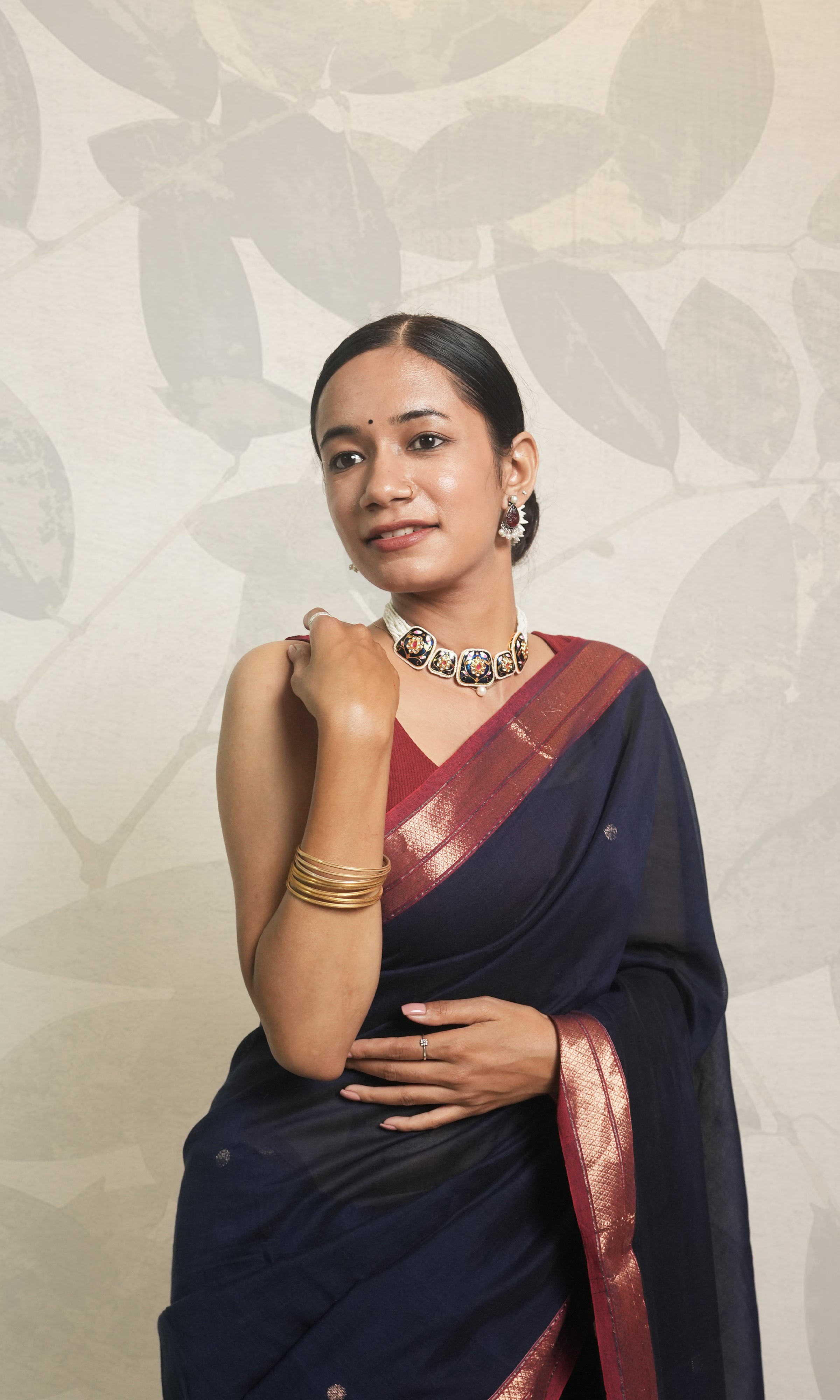 Blue & Red Zari Border Cotton Saree With Blouse Piece