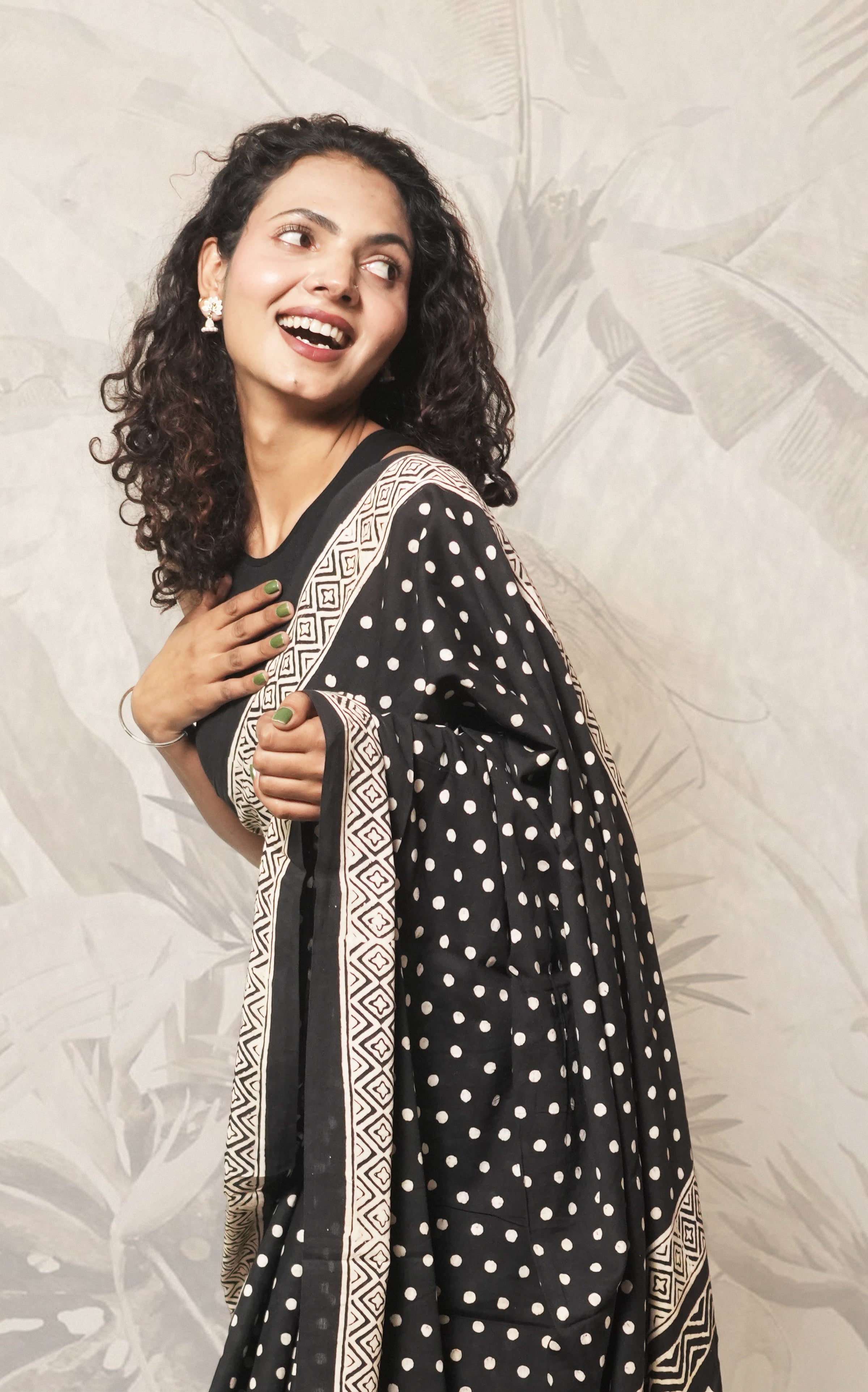 Black Block Print Cotton Mulmul Saree and Red Blouse