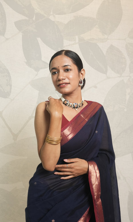 Blue & Red Zari Border Cotton Saree With Blouse Piece