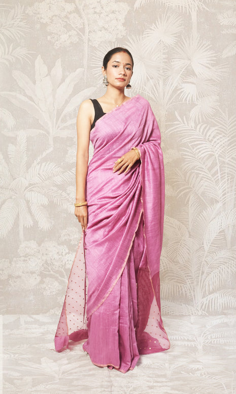 Pink Body With Sequin Embroidered, Organza Pallu. Matka Silk Saree
