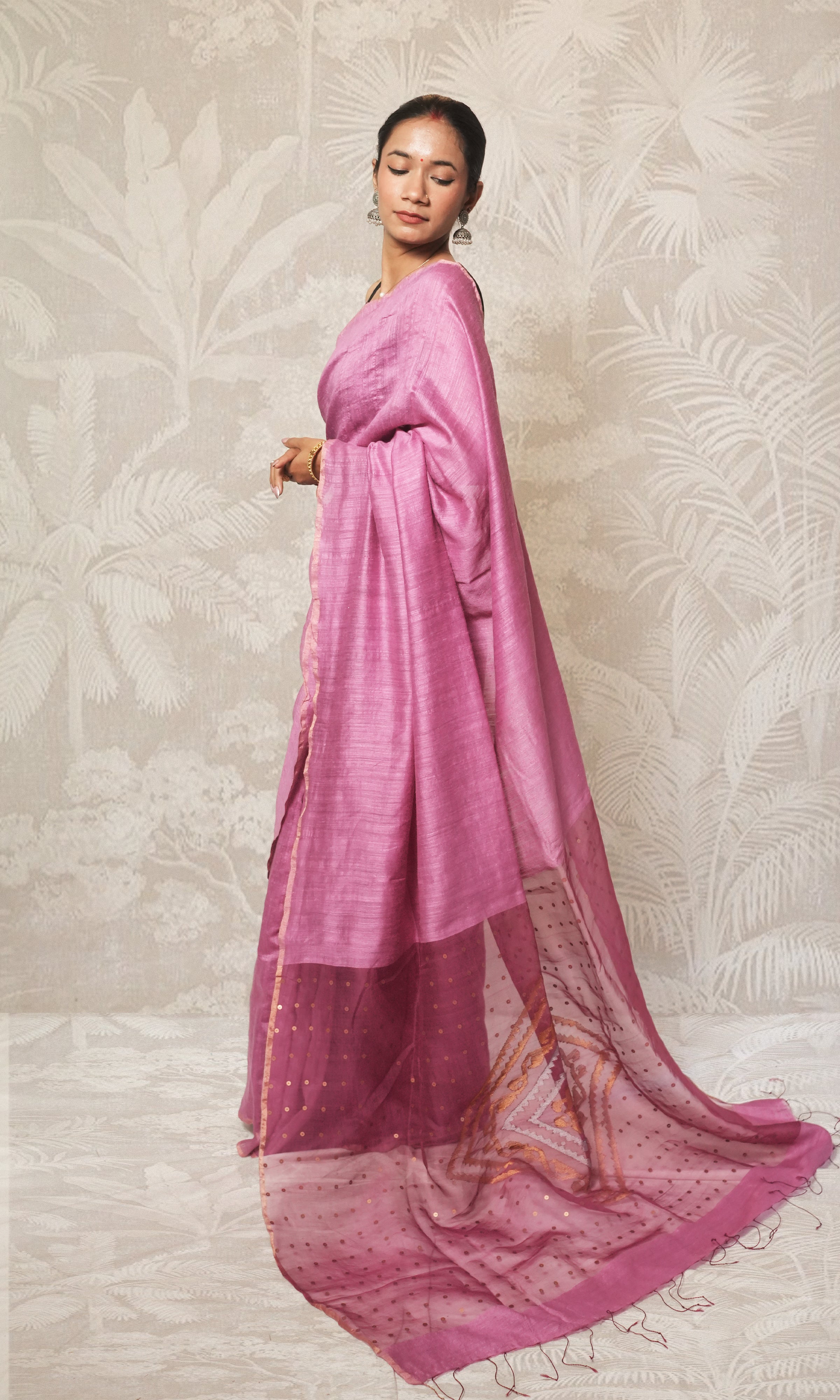 Pink Body With Sequin Embroidered, Organza Pallu. Matka Silk Saree