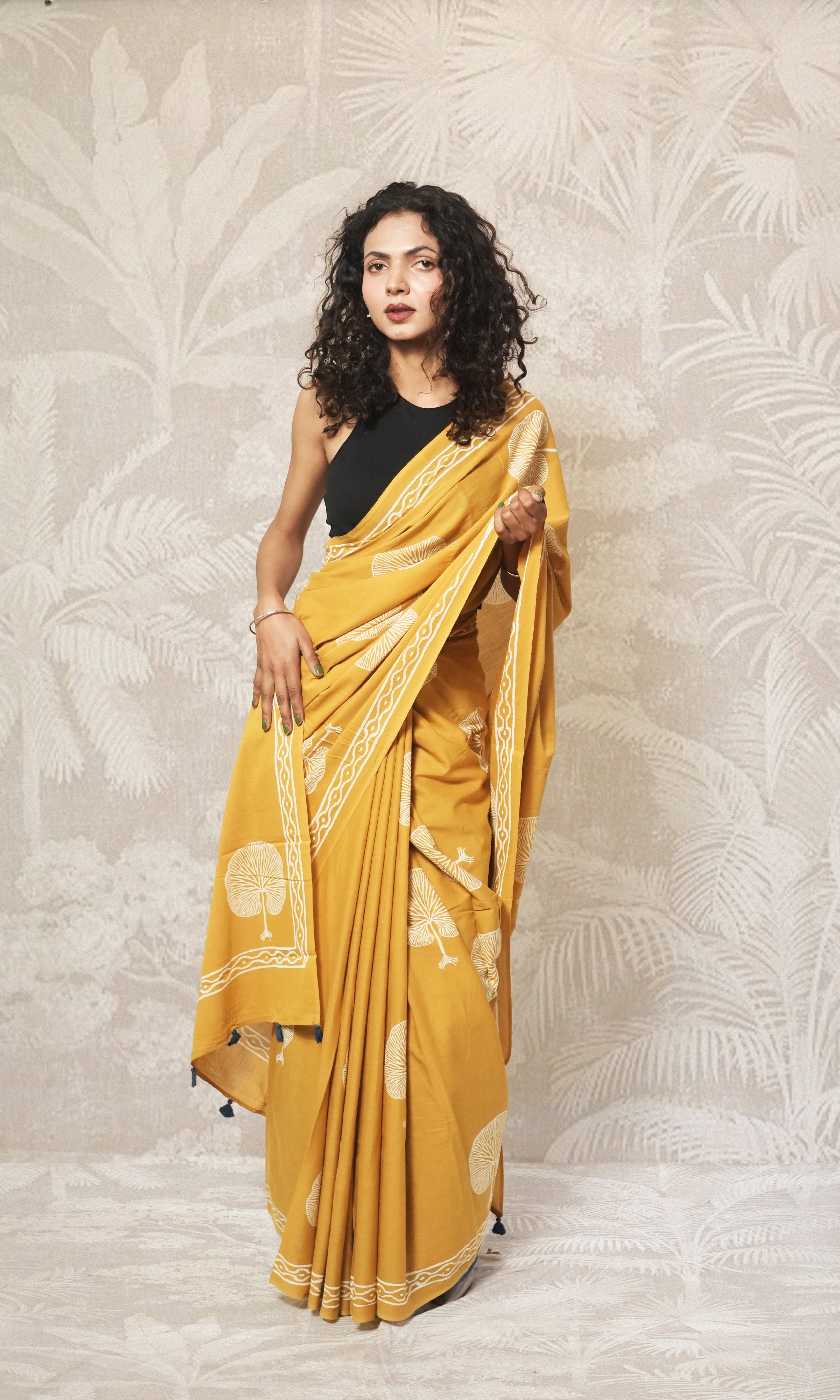 Dull Yellow Block Print Cotton Mulmul Saree And Dark Blue Blouse