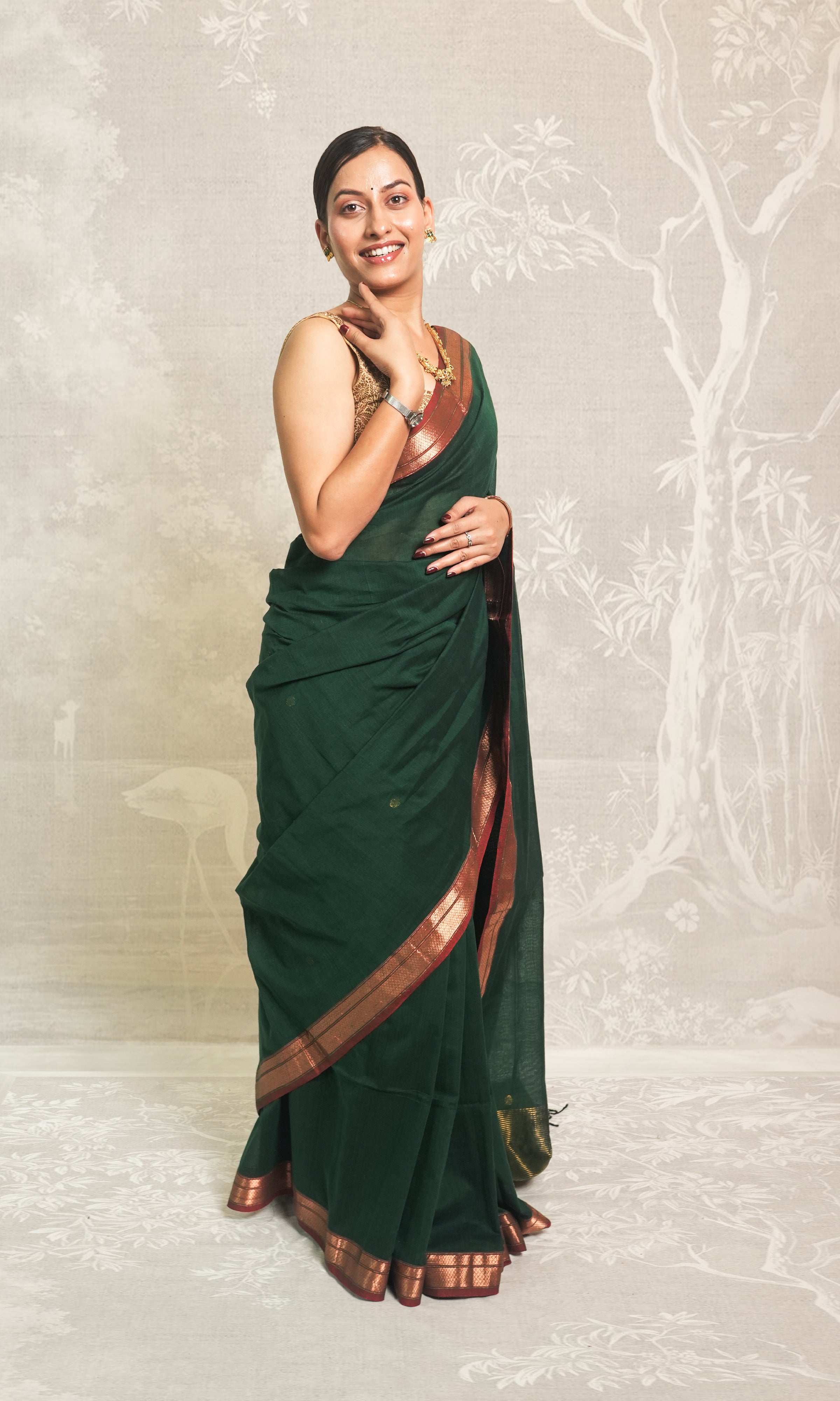 Green & Red Zari Border Cotton Saree With Blouse Piece