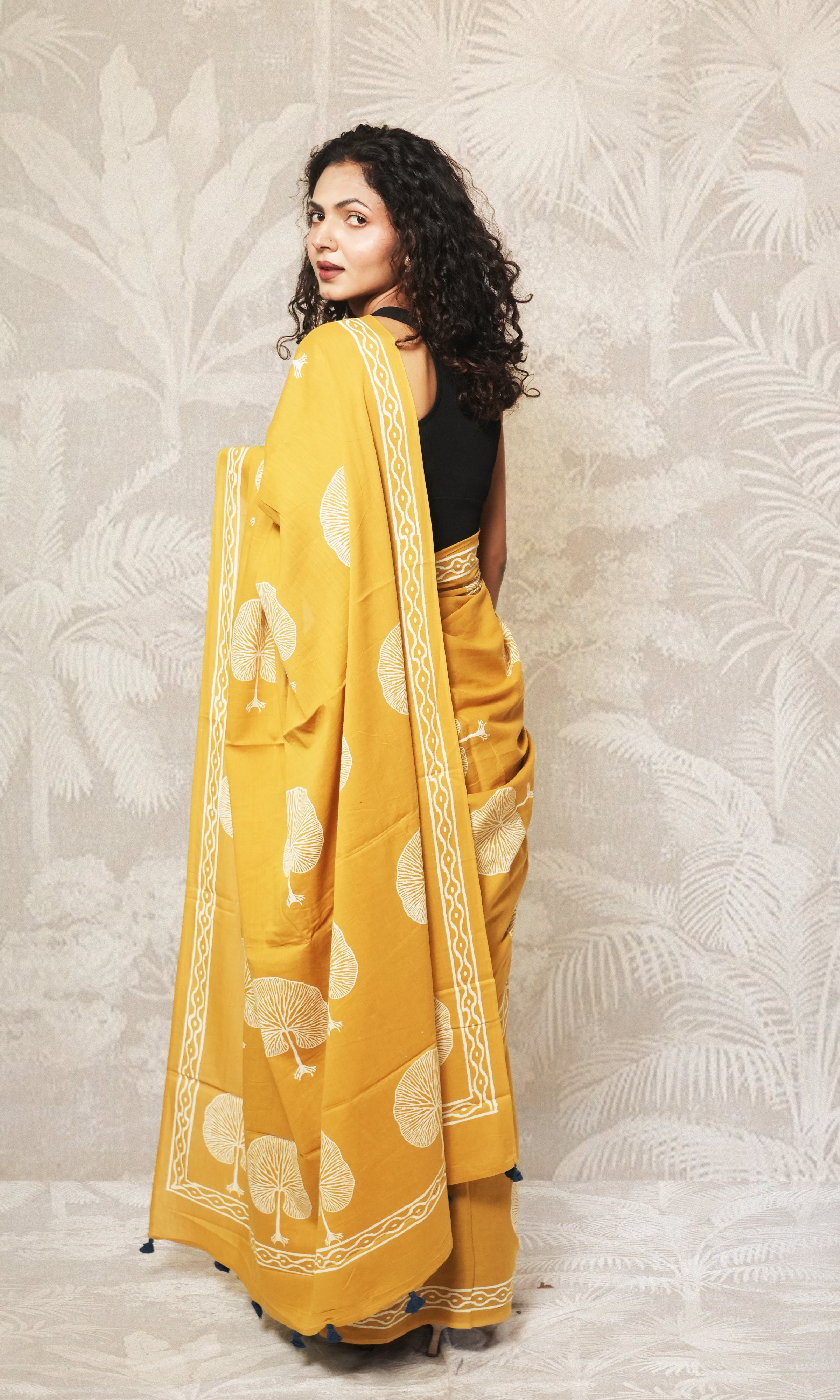 Dull Yellow Block Print Cotton Mulmul Saree And Dark Blue Blouse