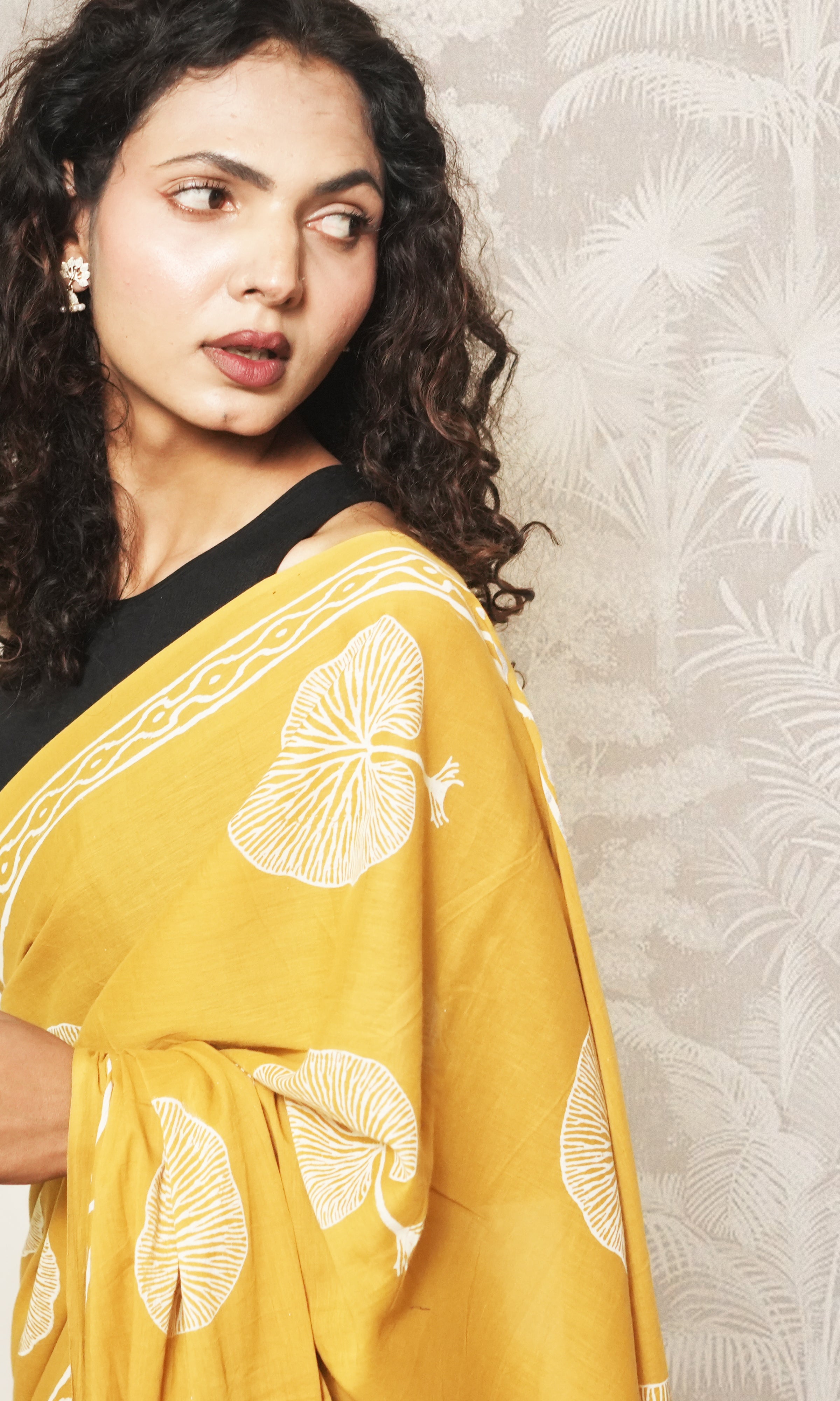 Dull Yellow Block Print Cotton Mulmul Saree And Dark Blue Blouse