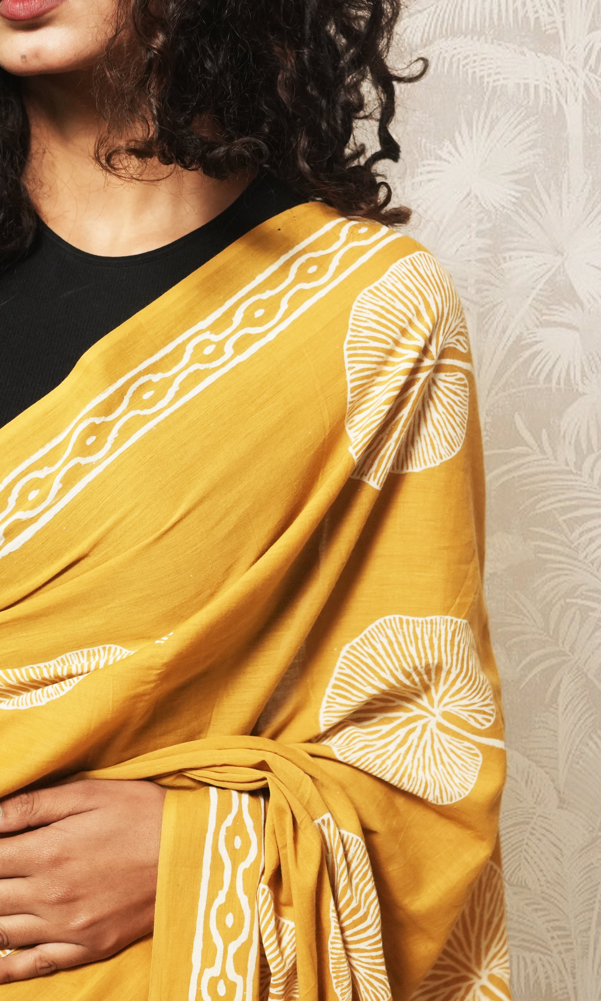 Dull Yellow Block Print Cotton Mulmul Saree And Dark Blue Blouse