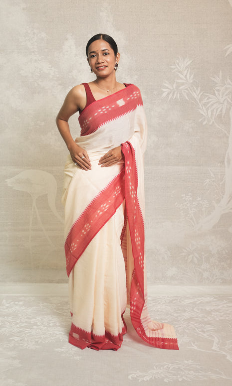 Off White & Red Dhonekhali Cotton Saree Without Blouse Piece