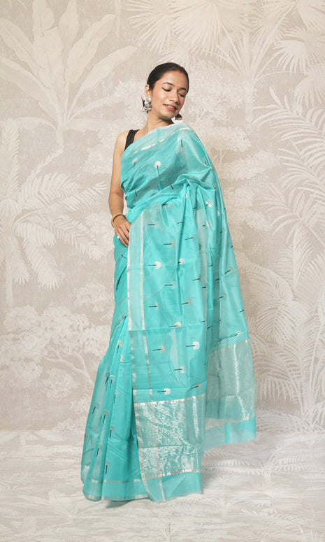 Firozi With Silver Border Chanderi Silk Saree