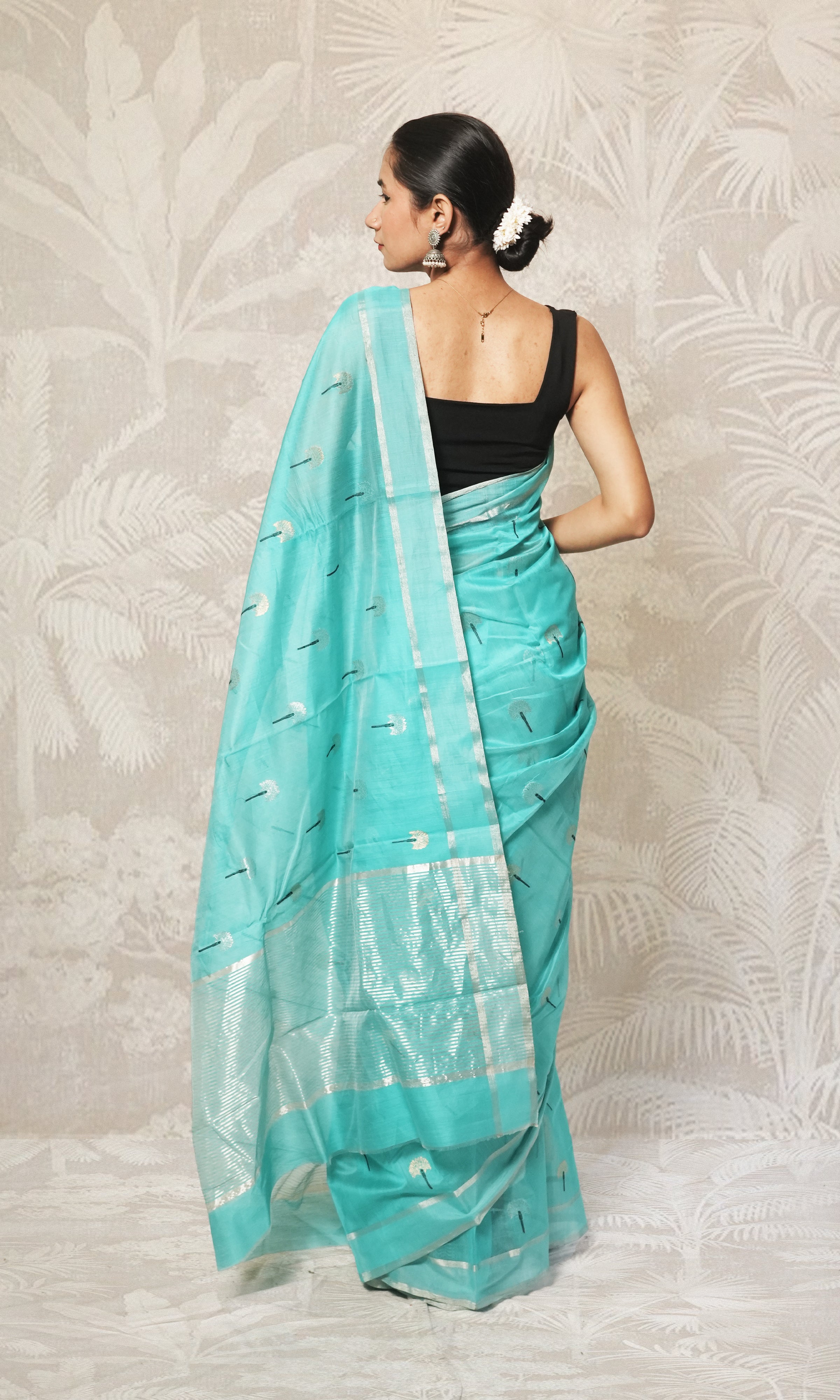 Firozi With Silver Border Chanderi Silk Saree