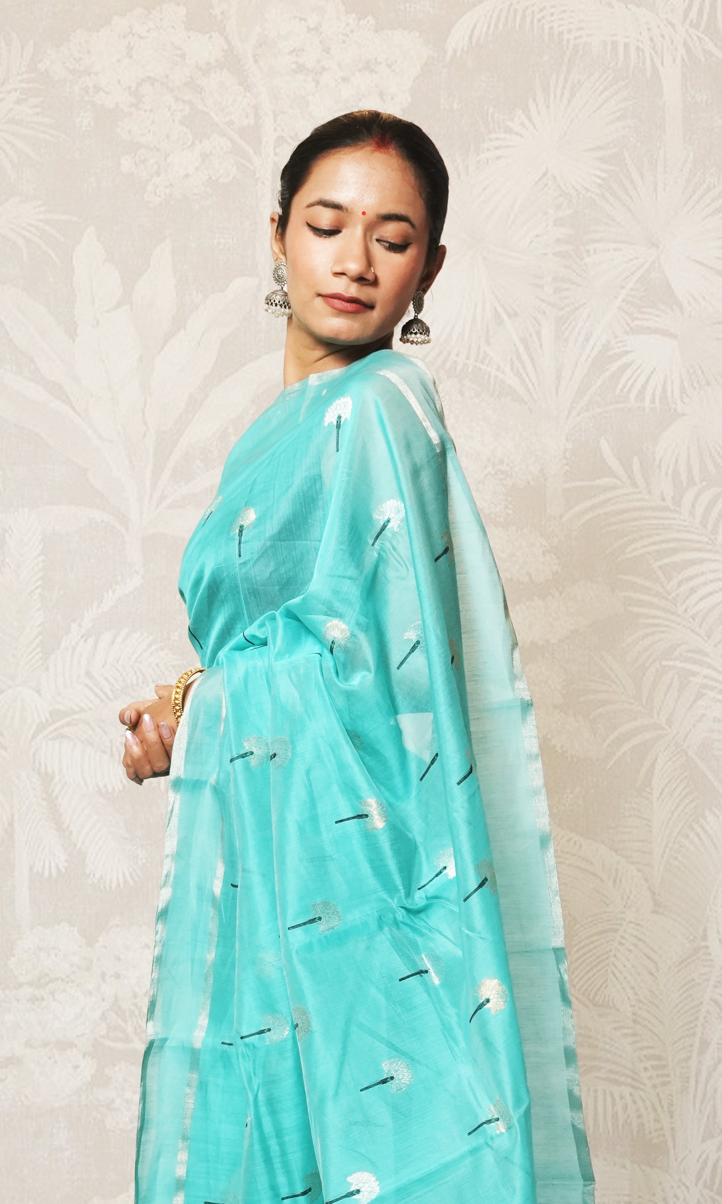 Firozi With Silver Border Chanderi Silk Saree