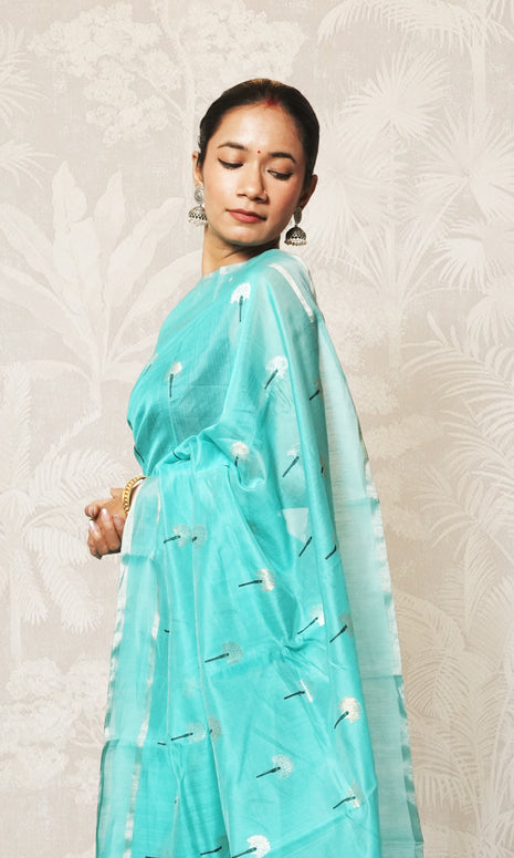 Firozi With Silver Border Chanderi Silk Saree