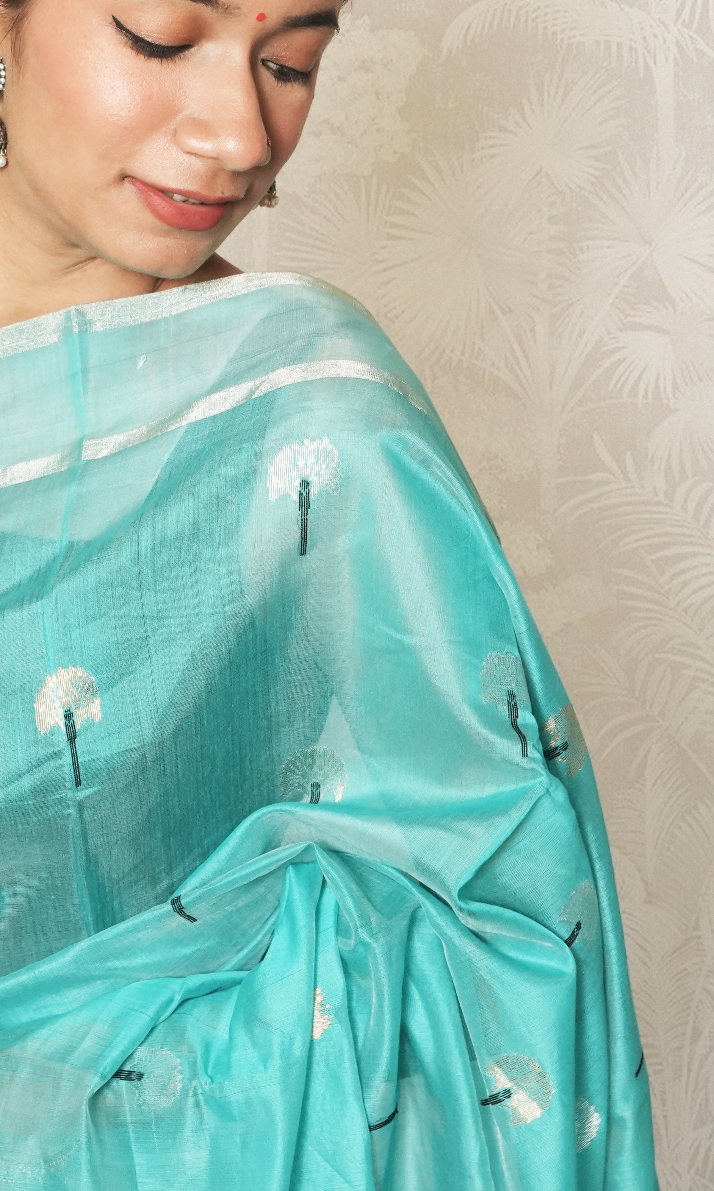 Firozi With Silver Border Chanderi Silk Saree