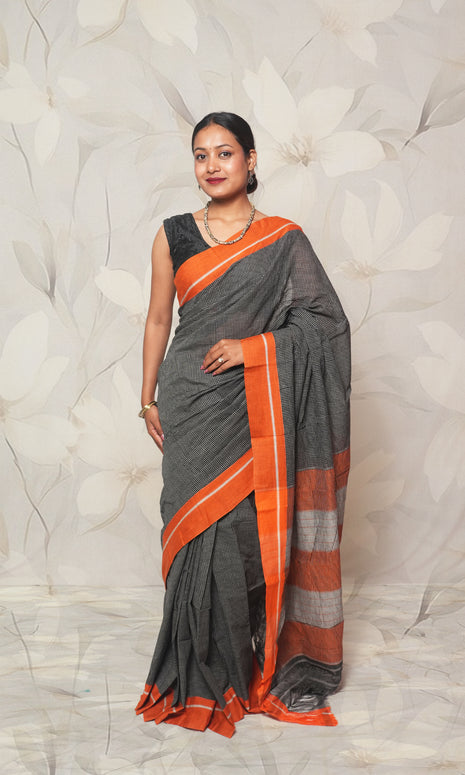 Earthy Black And Orange Patteda Anchu Cotton Saree