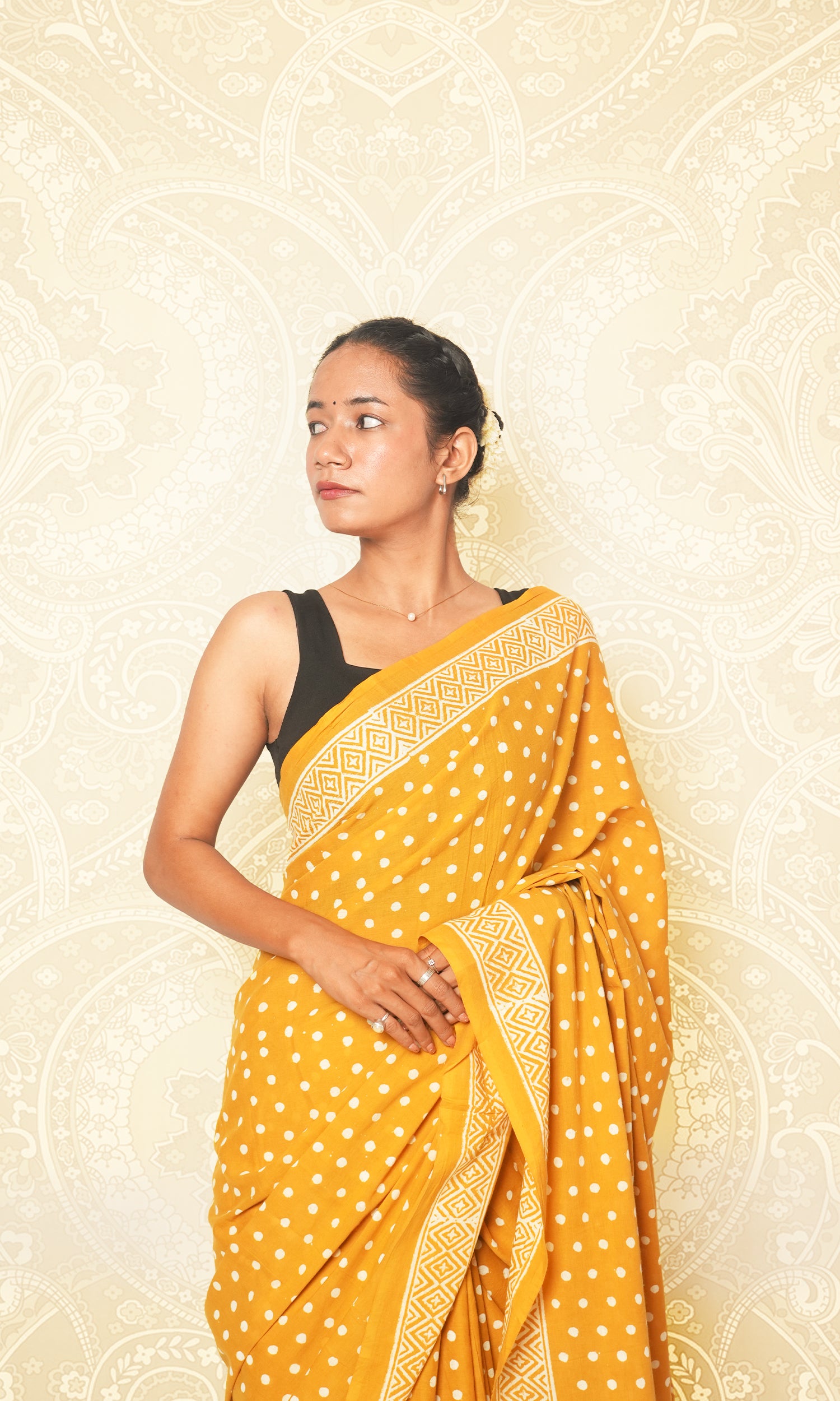 Golden Yellow & White Dots Mulmul Cotton Saree With Blouse Piece
